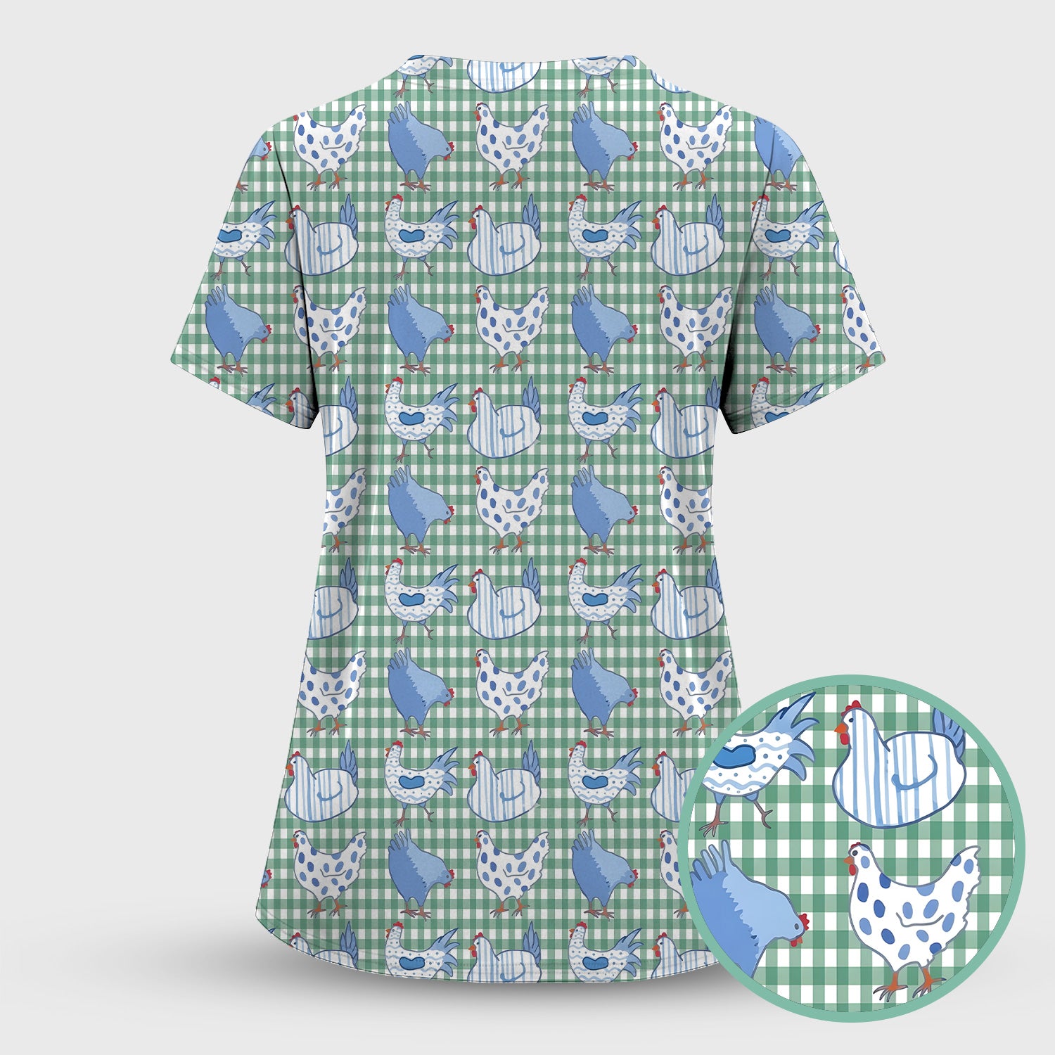 Blue Chicken Gingham Pattern Scrub Top, Comfortable Scrubs for Nurses