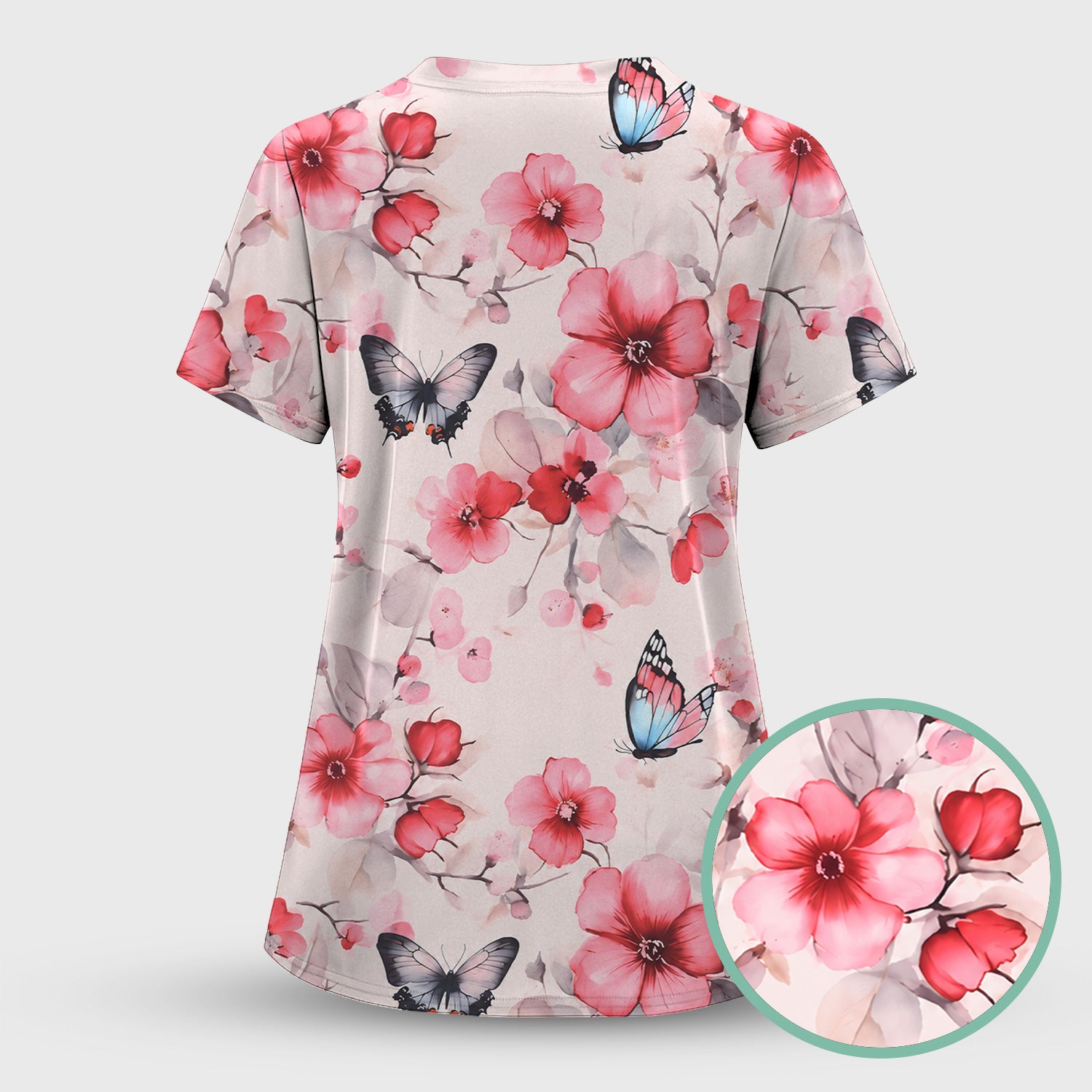 Pink Butterfly Blossom Pattern Scrub Top, Comfortable Scrubs for Nurses
