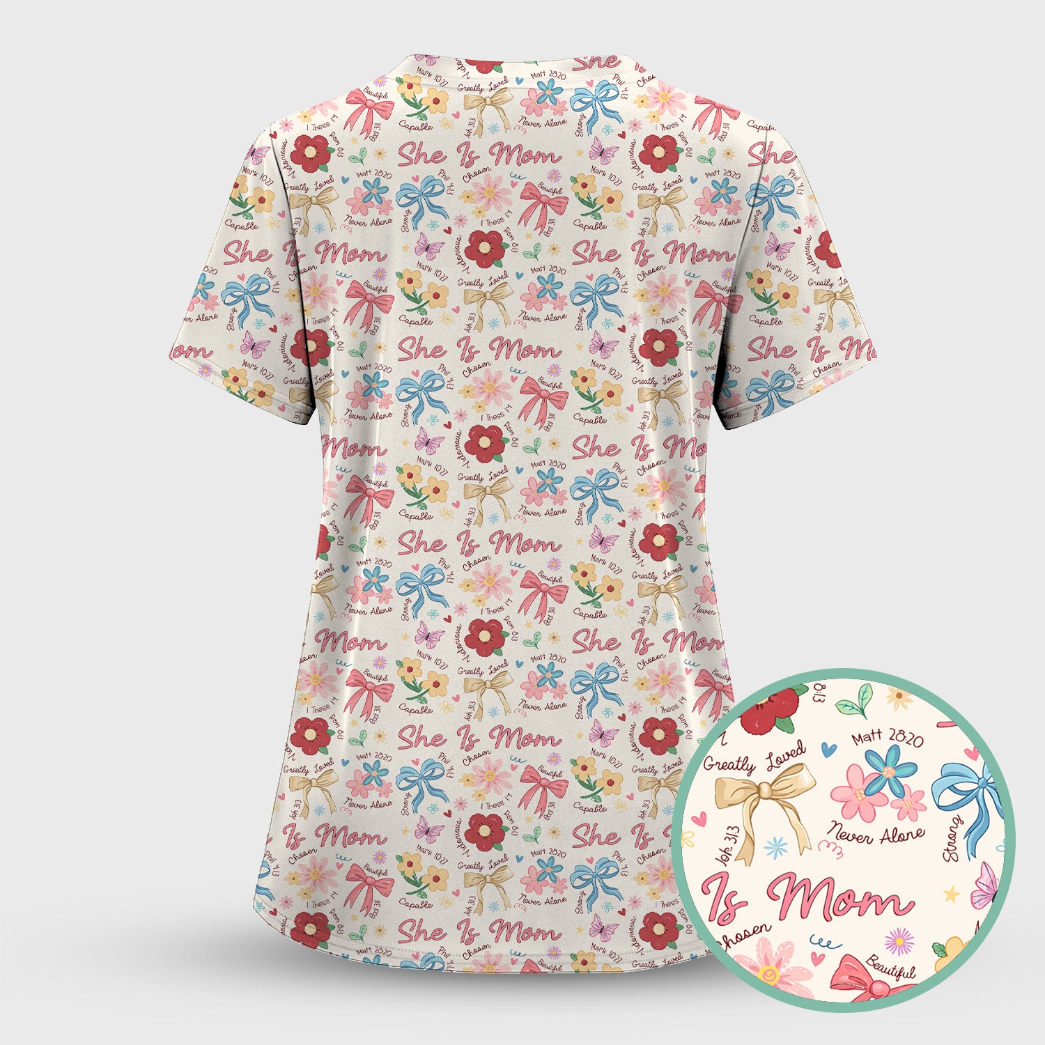 She Is Mom Floral Bow Pattern Scrub Top, Comfortable Scrubs for Nurses