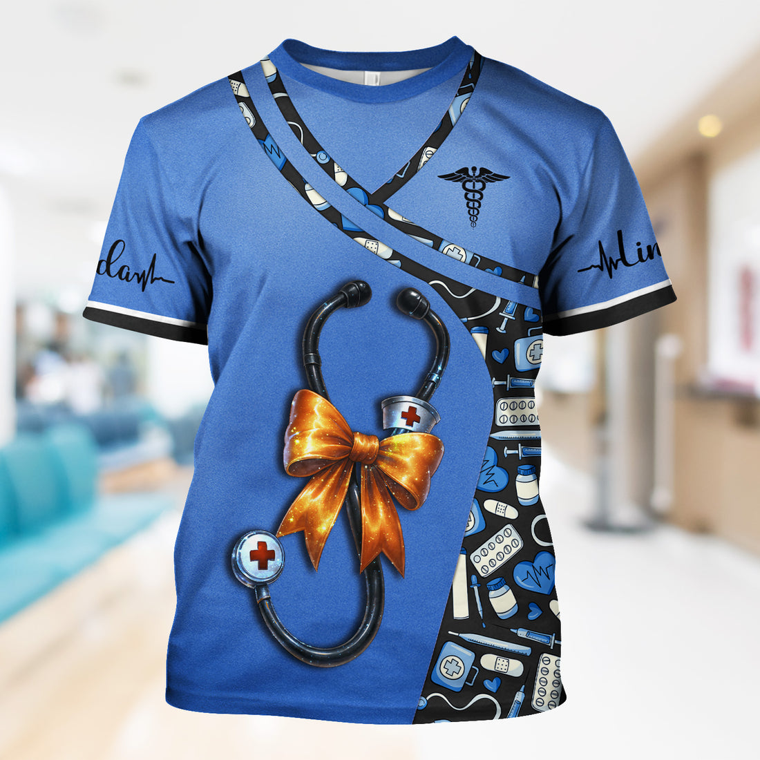 Personalized Halloween Nurse Shirt for Women - Stethoscope Scrub Top with Bow Design - Custom Name RN LPN CNA Gift