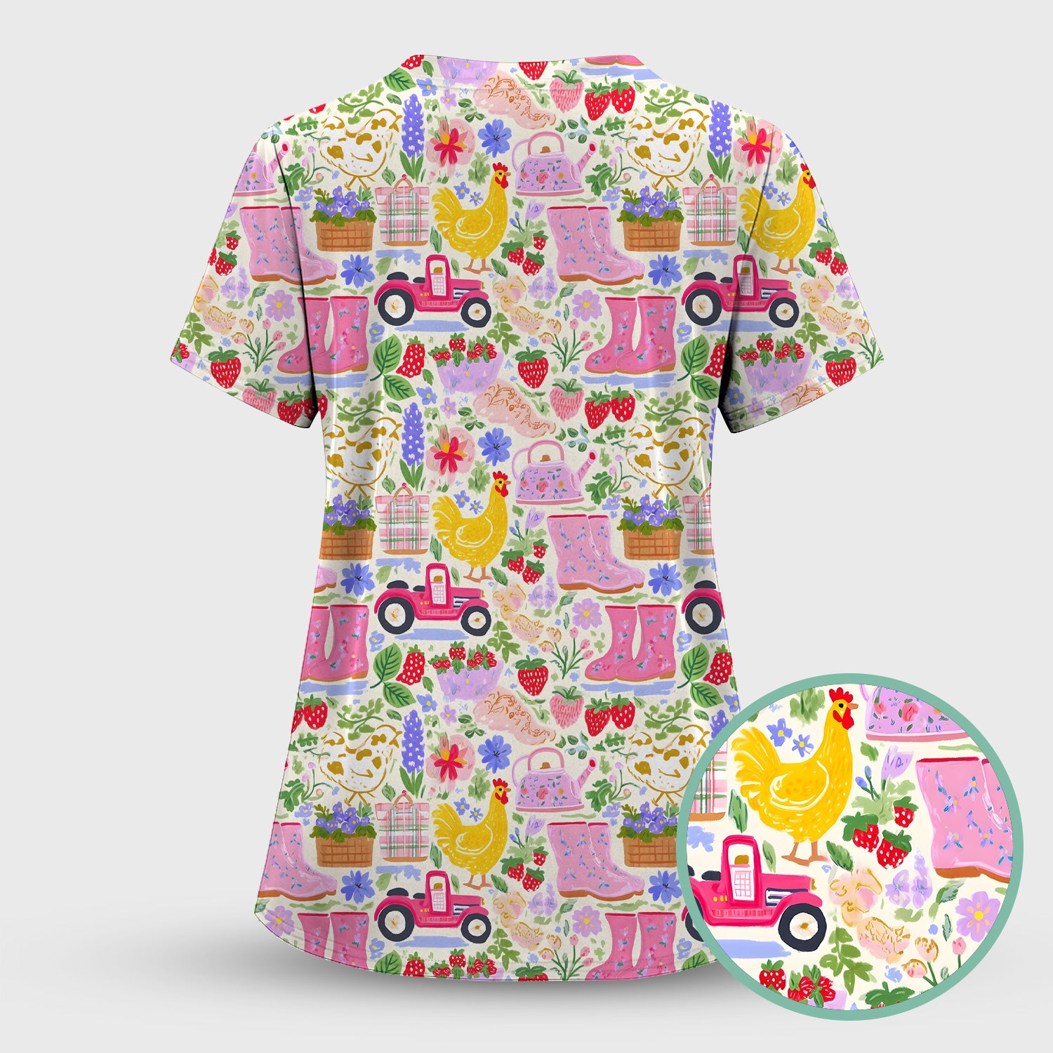 Cute Farm Garden Chicken Pattern Scrub Set, Scrub Pants and V Neck Top