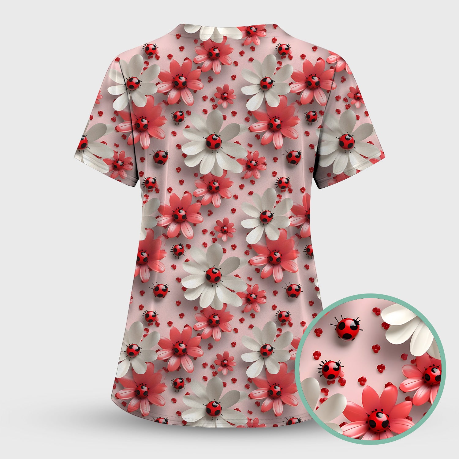 Red Ladybug Flower Pattern Scrub Top, Cute Spring Floral Nursing Uniform for Women