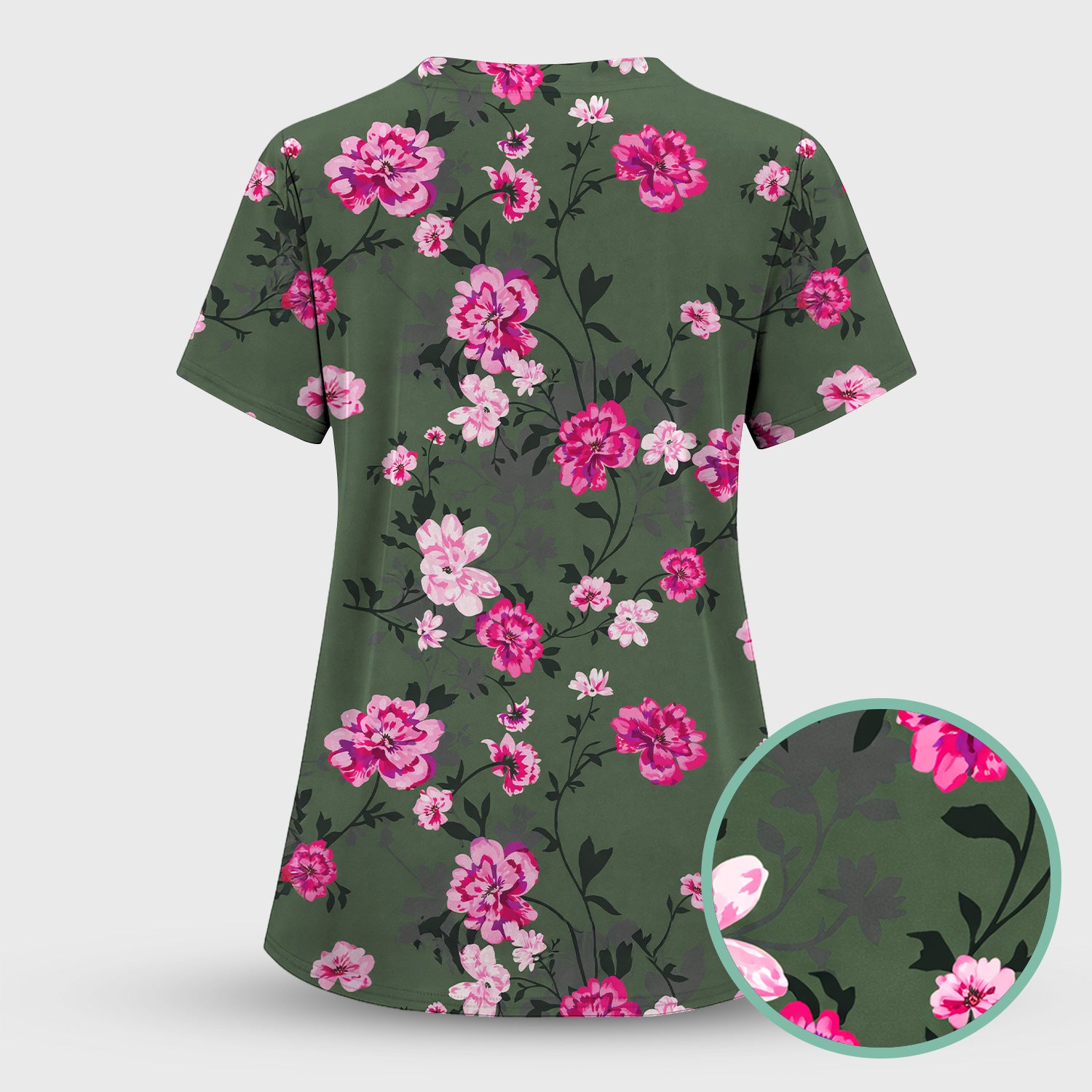 Pink Floral Blossom Pattern Scrub Top, Comfortable Scrubs for Nurses