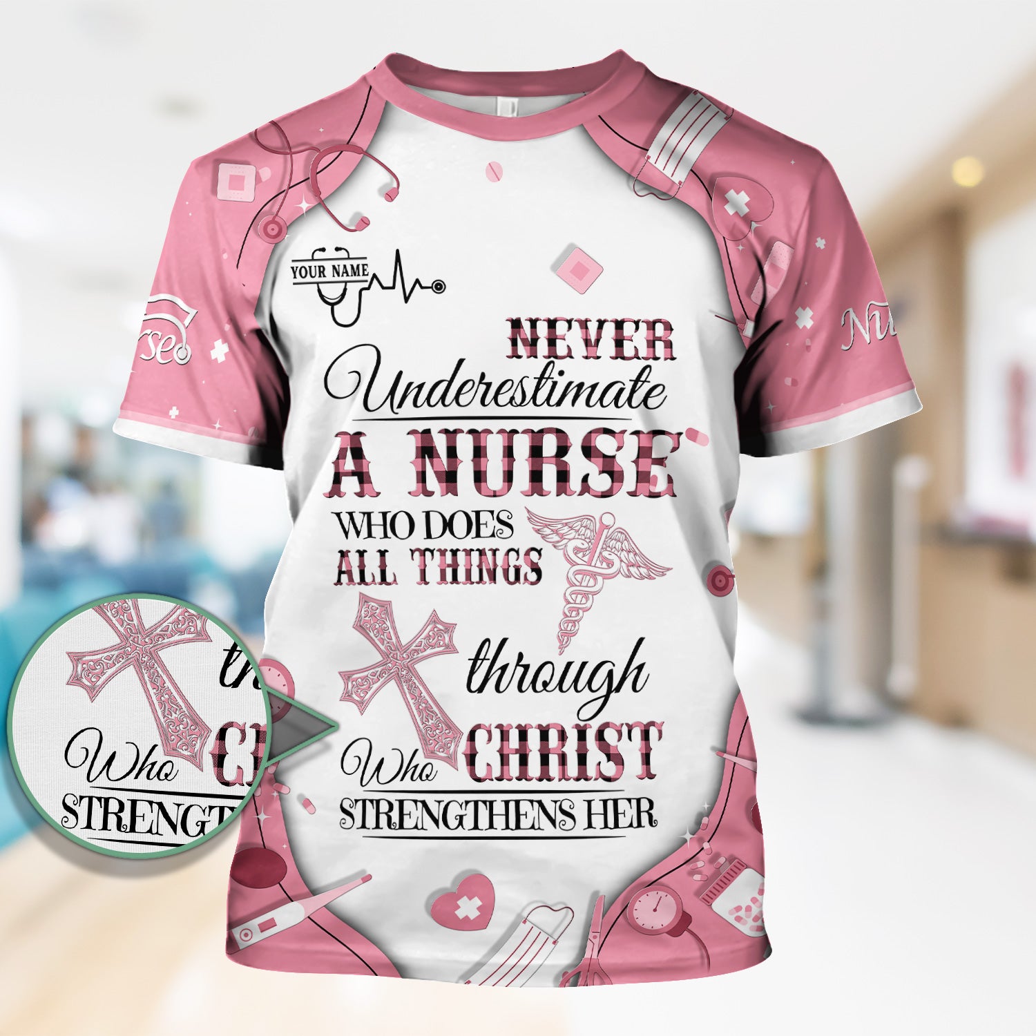 Faith-Based Personalized Nursing Scrub for Women - Bible Verse All Things Through Christ - Gift for RN, LPN, CNA Healthcare Professionals