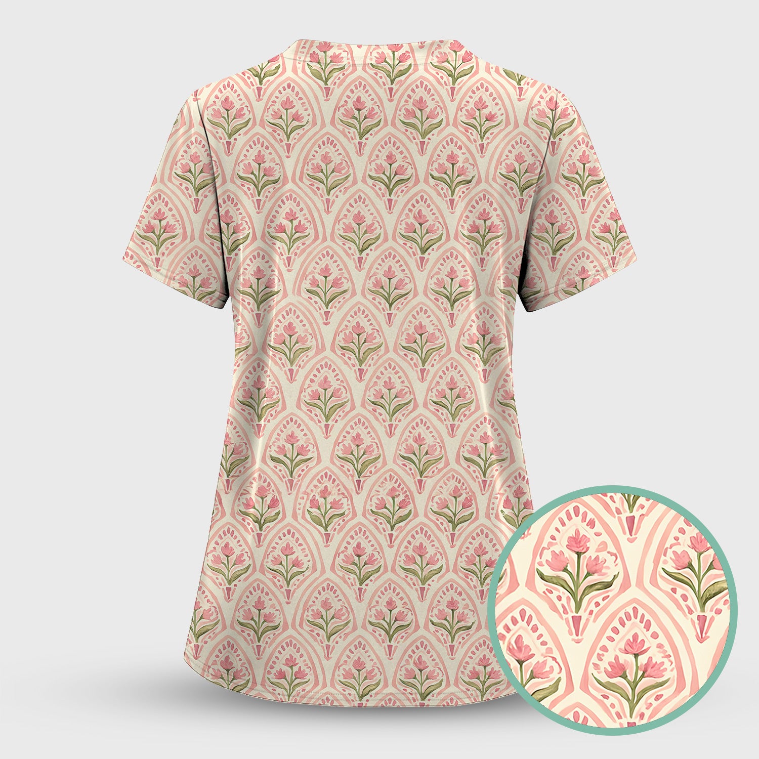 Pink Tulip Floral Arch Pattern Scrub Set, Scrub Pants and V Neck Top