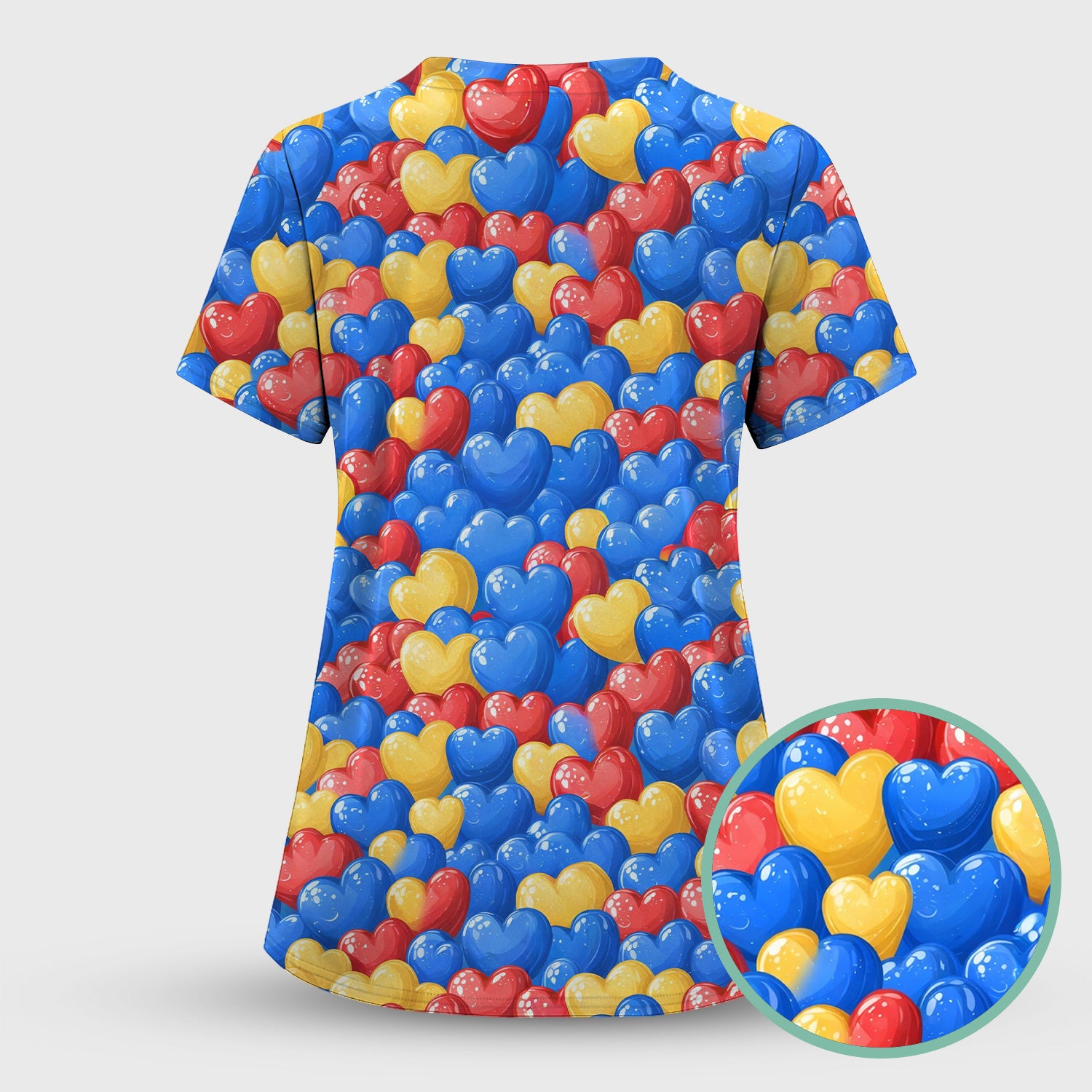 Colorful Autism Heart Pattern Scrub Set, Scrub Pants and V Neck Top