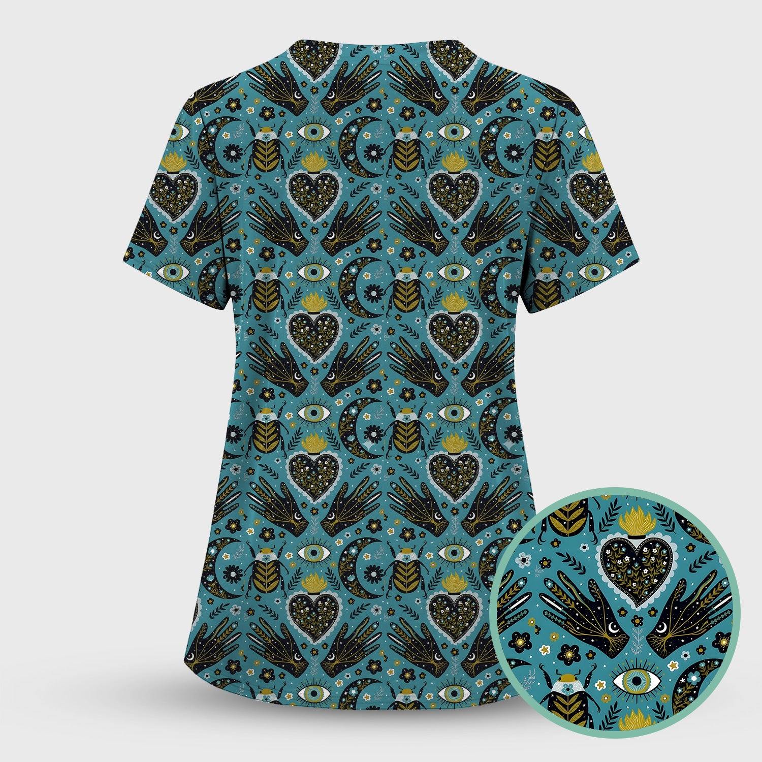 Mystic Celestial Heart & Evil Eye Pattern Scrub Set, Scrub Pants and V Neck Top