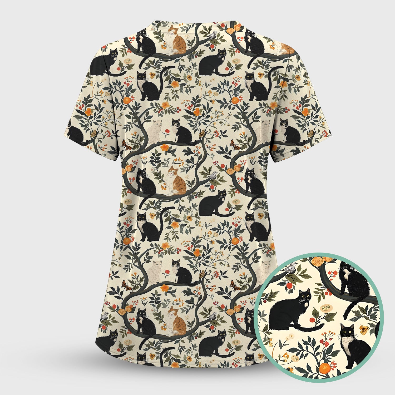 Vintage Black Cat Floral Pattern Scrub Set, Scrub Pants and V Neck Top