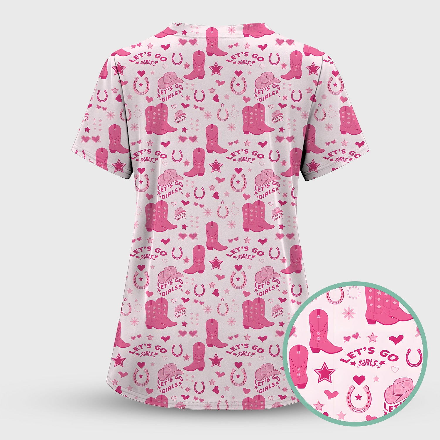 Pink Cowgirl Boots Print Scrub Top, Comfortable Scrubs for Nurses