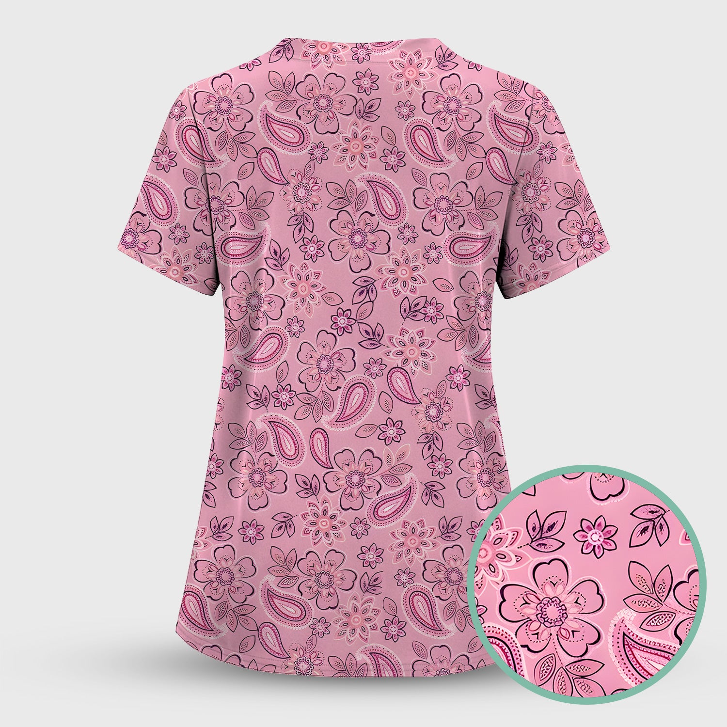 Pink Paisley Floral Nurse Pattern Scrub Set, Scrub Pants and V Neck Top
