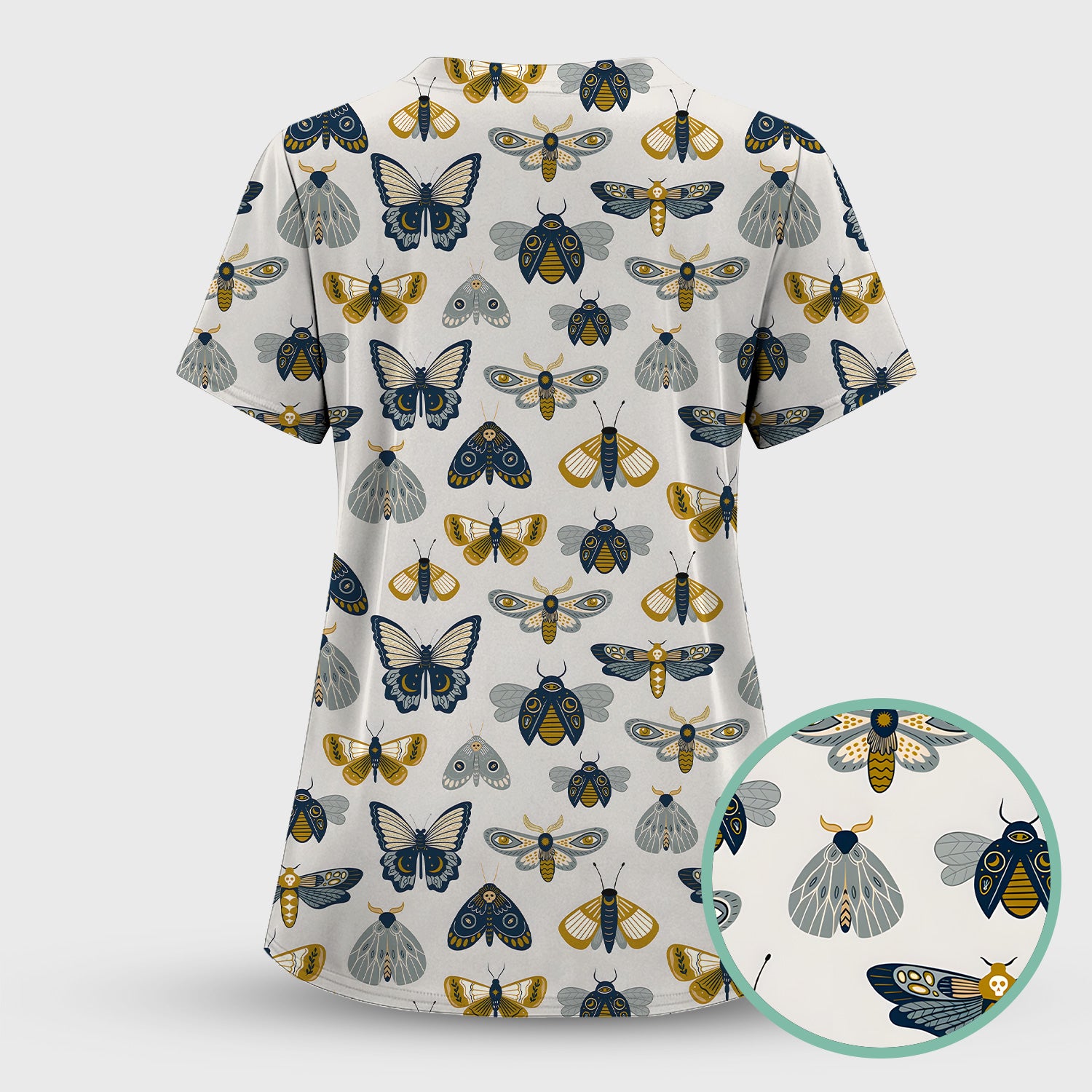 Cute Butterfly Moth Insect Pattern Scrub Set, Scrub Pants and V Neck Top