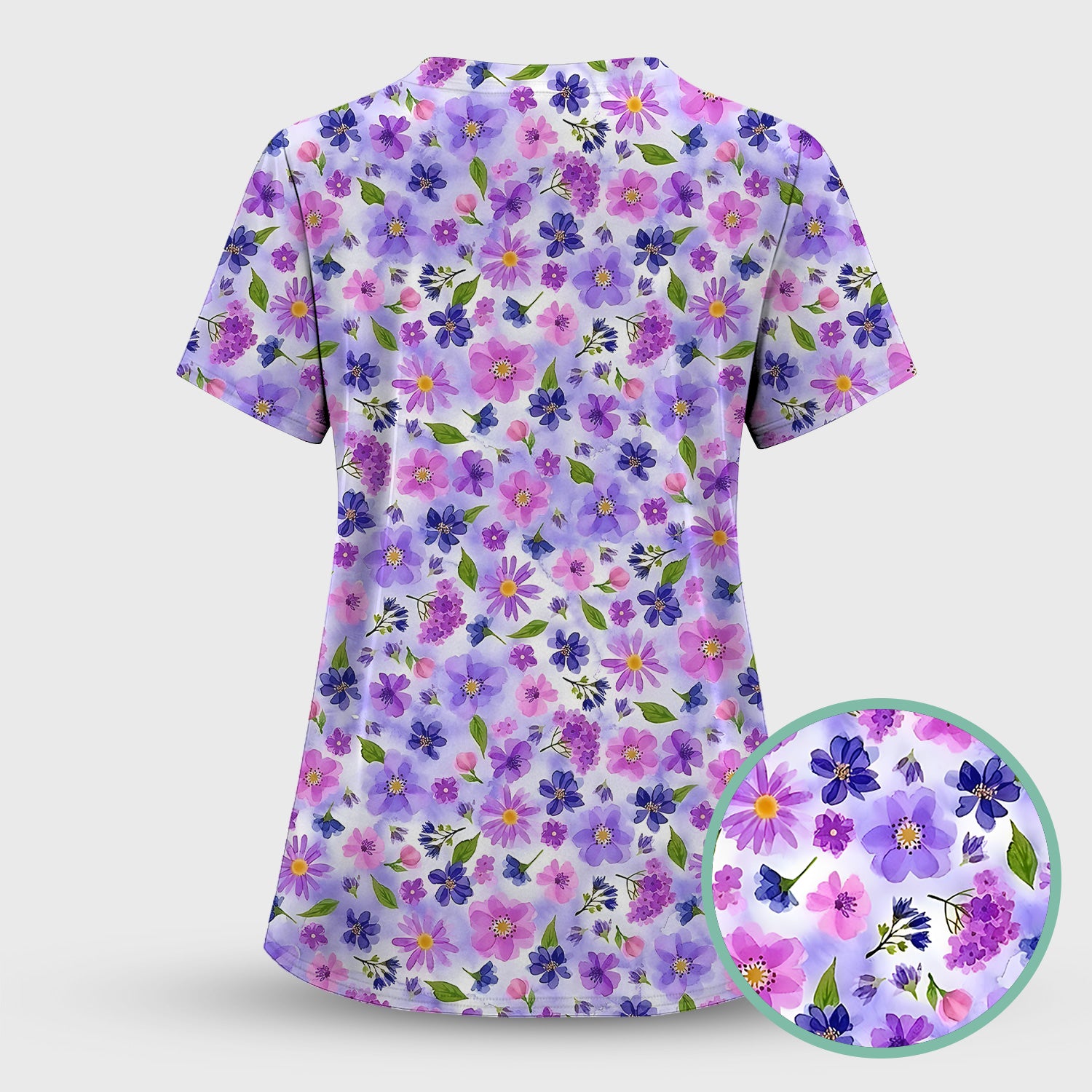 Purple Watercolor Wildflower Bloom Pattern Scrub Top, Comfortable Scrubs for Nurses