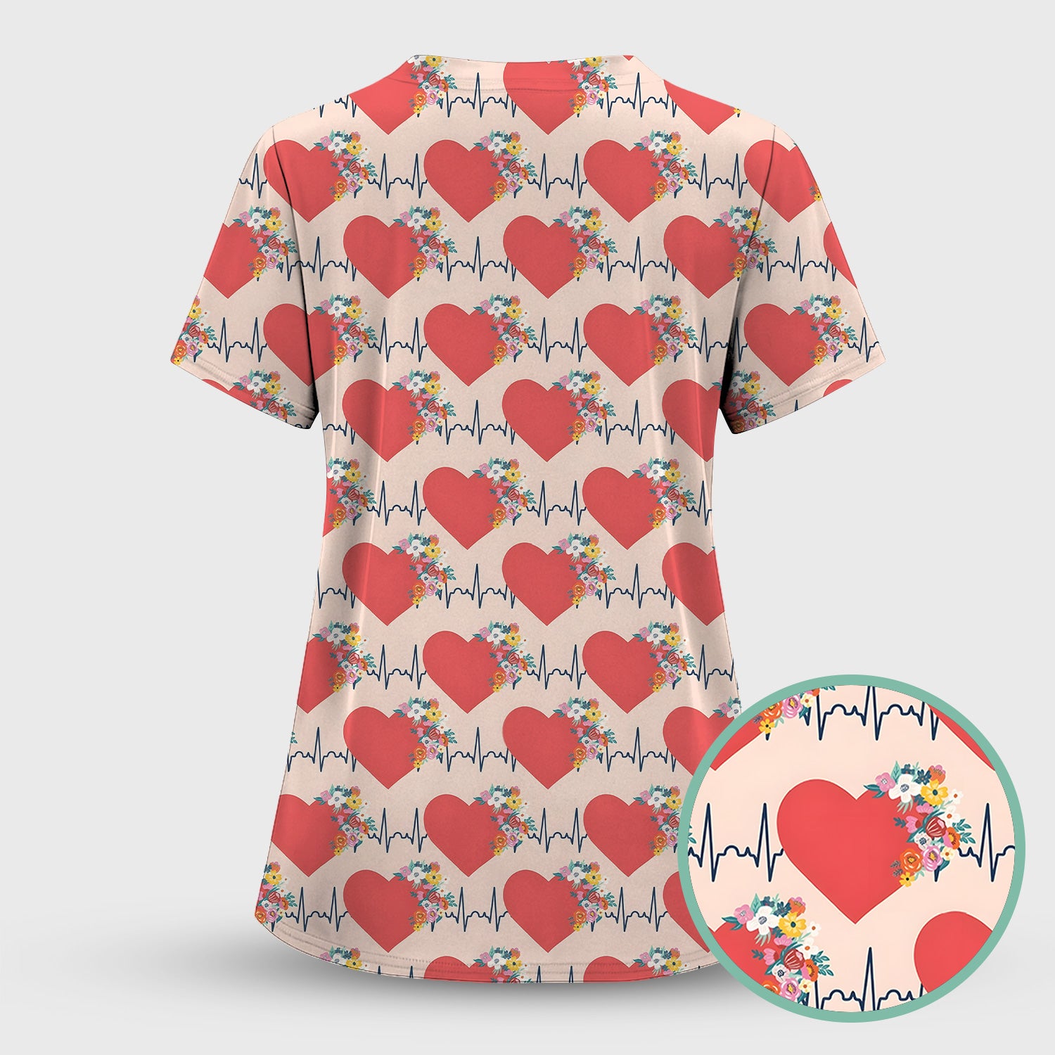 Nurse Heartbeat Floral Pattern Scrub Top, Comfortable Scrubs for Nurses