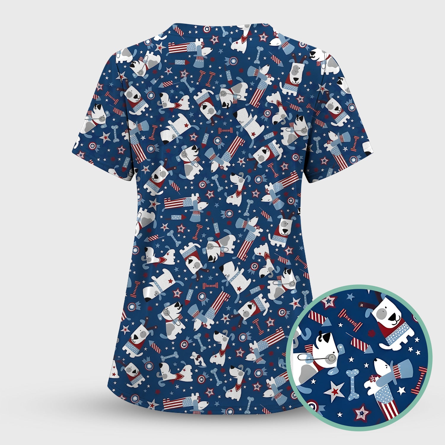 Patriotic Nurse Dog Stars Pattern Scrub Set, Scrub Pants and V Neck Top