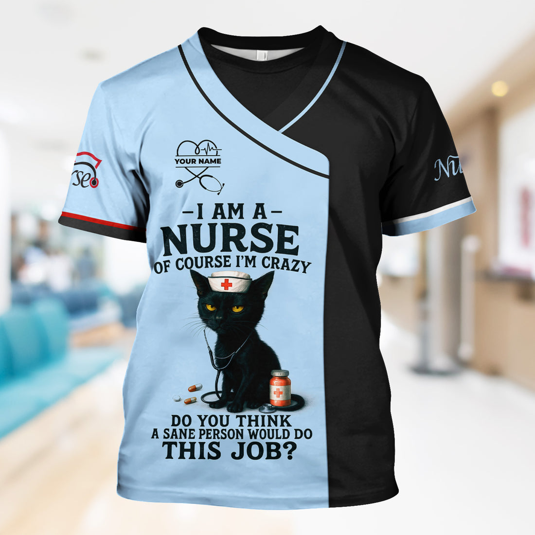 Funny Nurse Scrub Shirt with Black Cat Quote Design - Multiple Color Options Available - Gift for RN CNA LPN Healthcare Workers