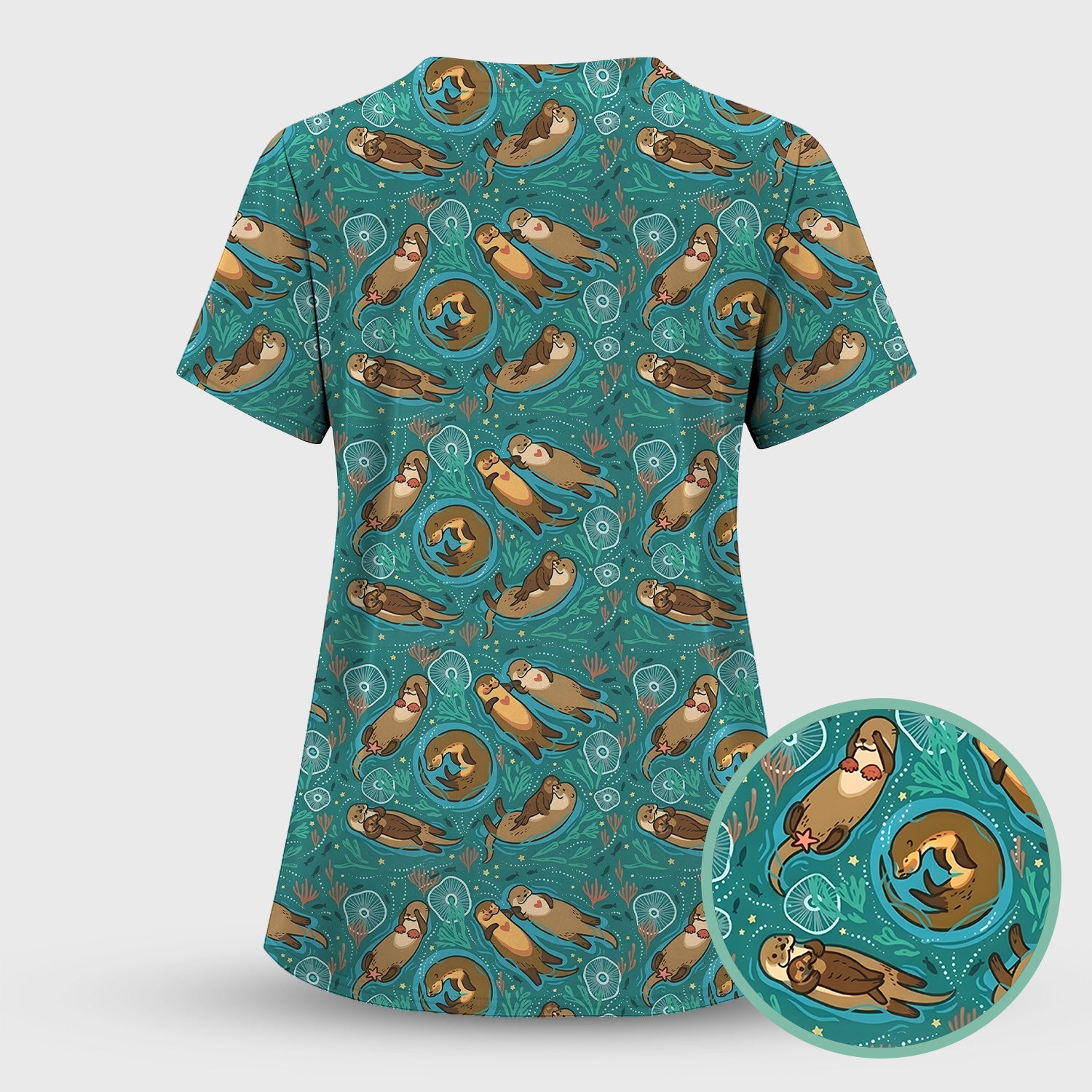 Sea Otter Floating Ocean Pattern Scrub Top, Comfortable Scrubs for Nurses