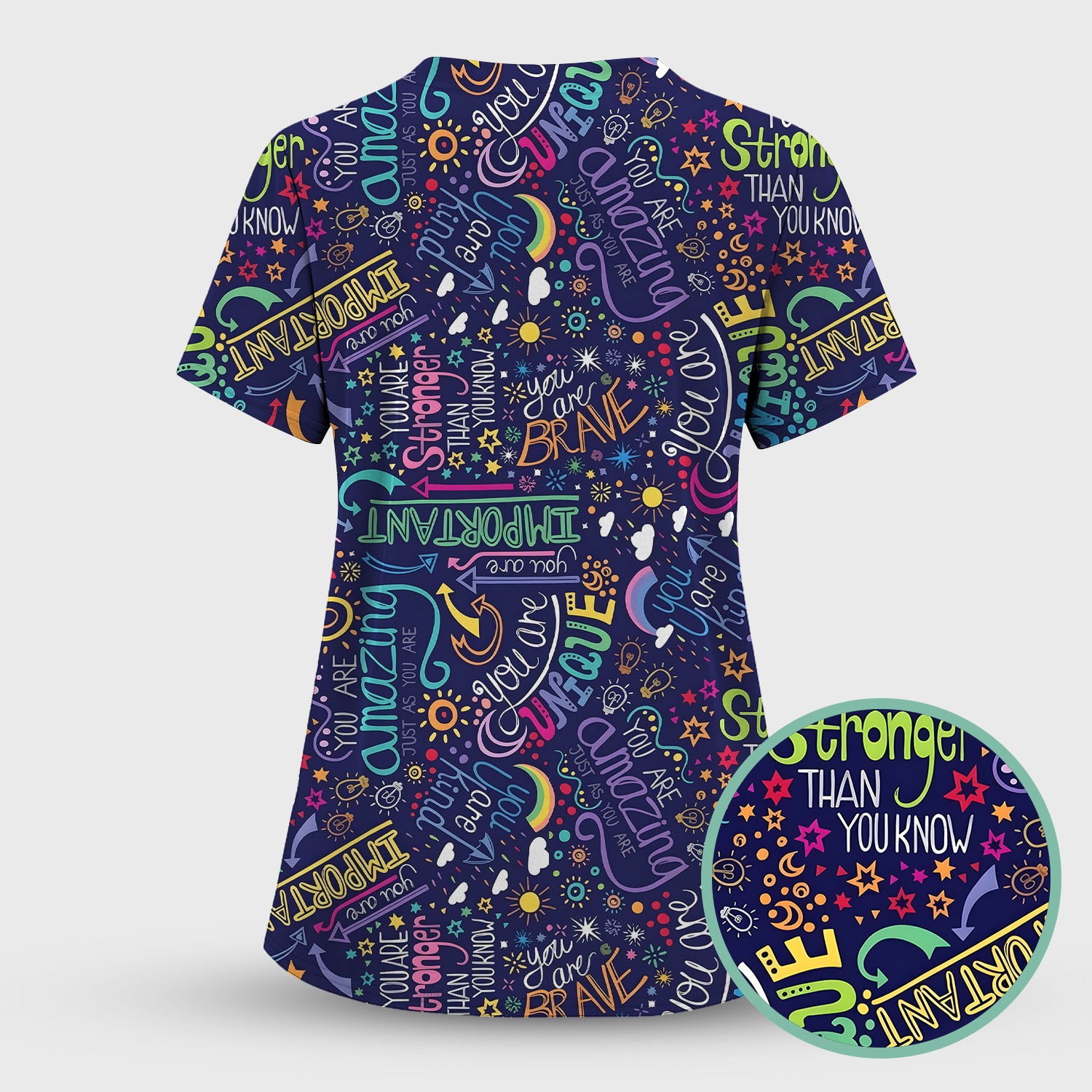 Inspirational Quote Pattern Scrub Set, Scrub Pants and V Neck Top