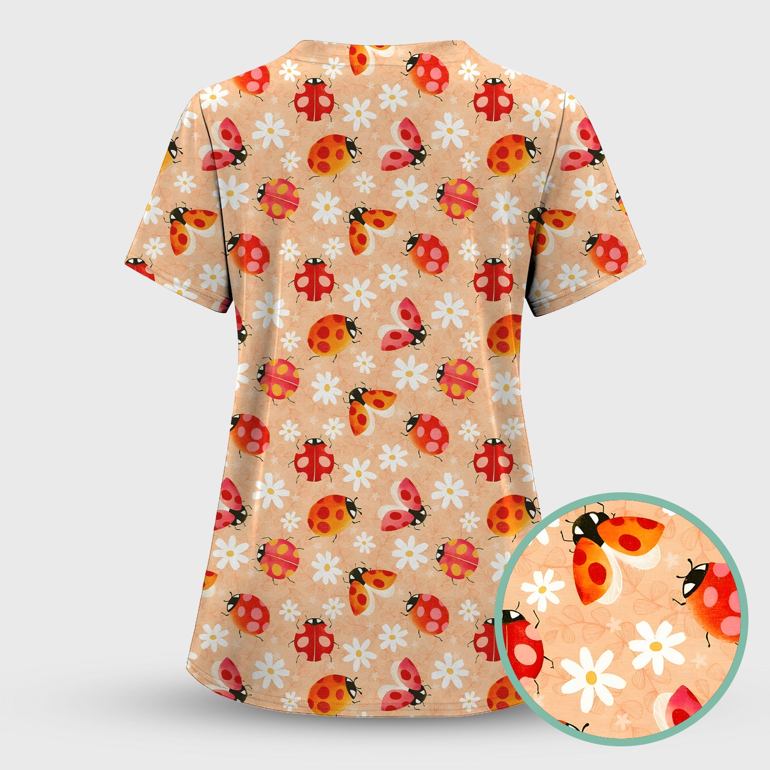Ladybug Daisy Floral Pattern Scrub Top, Comfortable Scrubs for Nurses