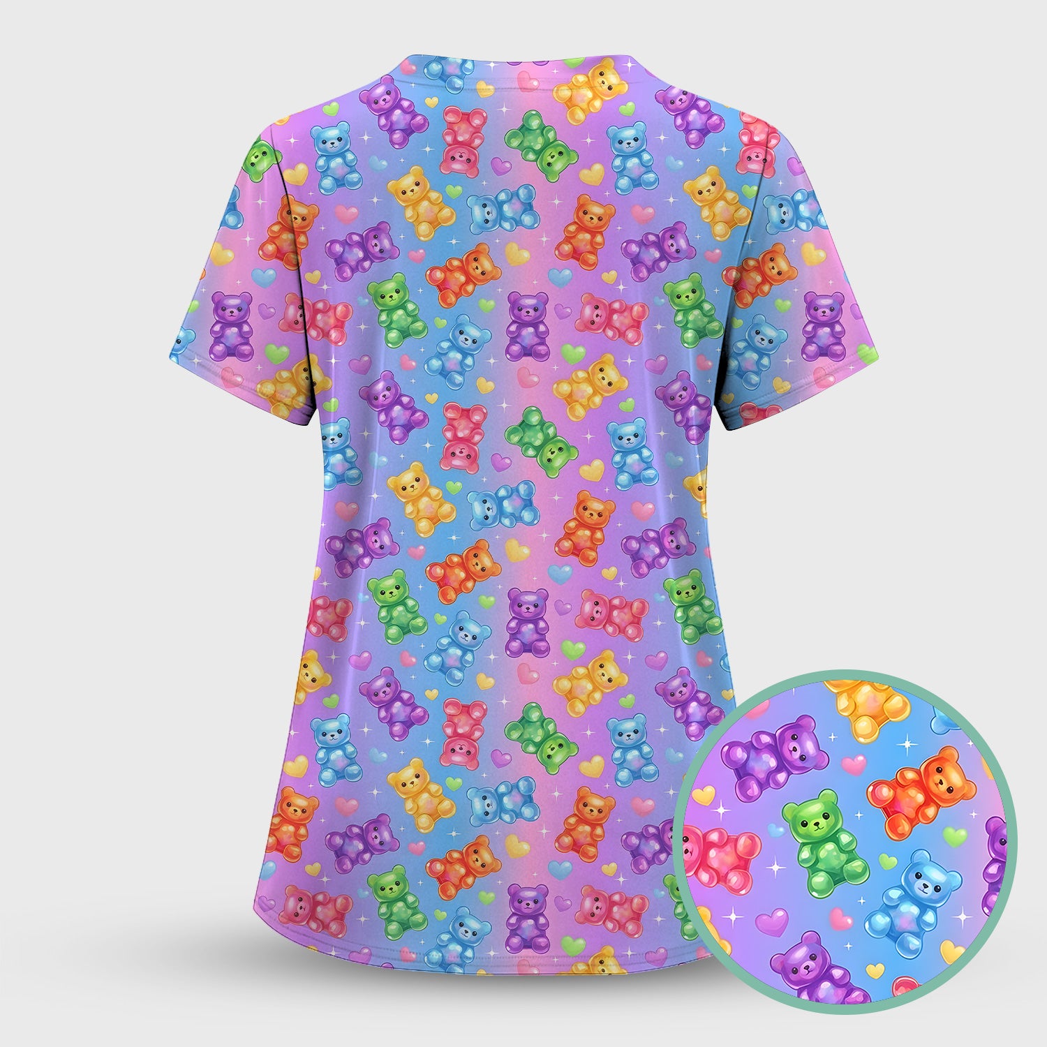 Colorful Gummy Bear Pattern Scrub Top, Breathable Fabrics Nursing Uniform