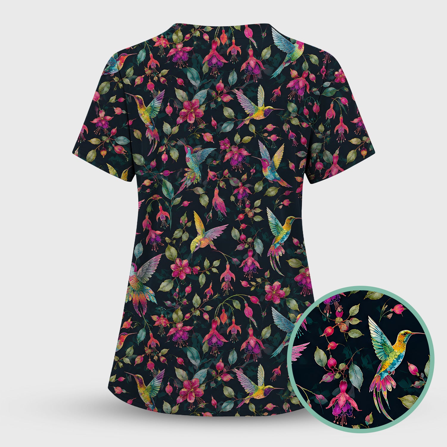 Hummingbird Fuchsia Bloom Pattern Scrub Top, Comfortable Scrubs for Nurses