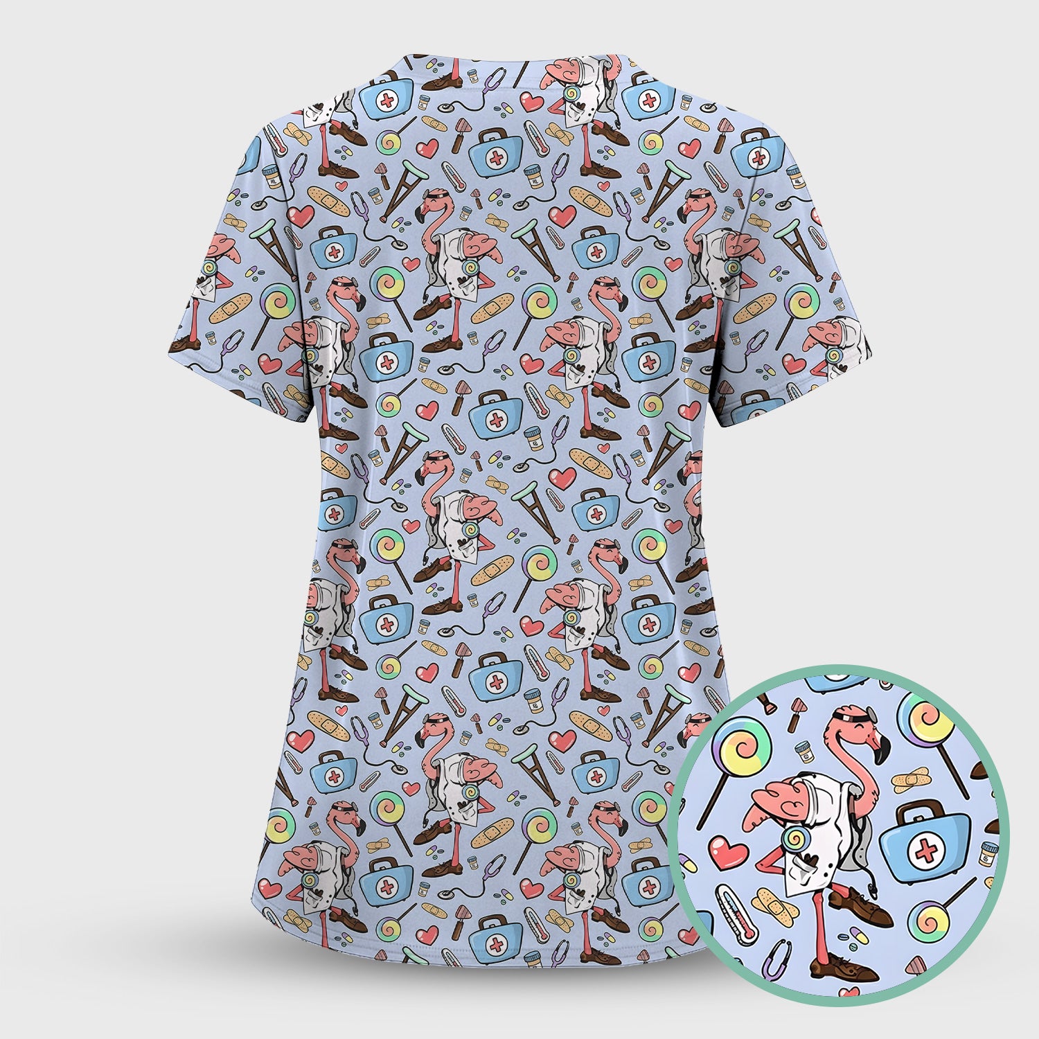 Flamingo Nurse Medical Care Pattern Scrub Set, Scrub Pants and V Neck Top