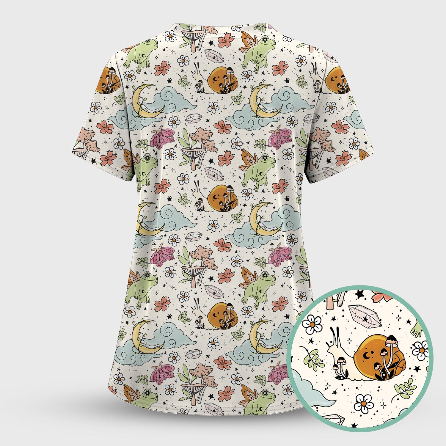 Whimsical Frog Moon Mushroom Pattern Scrub Top, Fantasy Nature Print, Breathable Fabrics Nursing Uniform