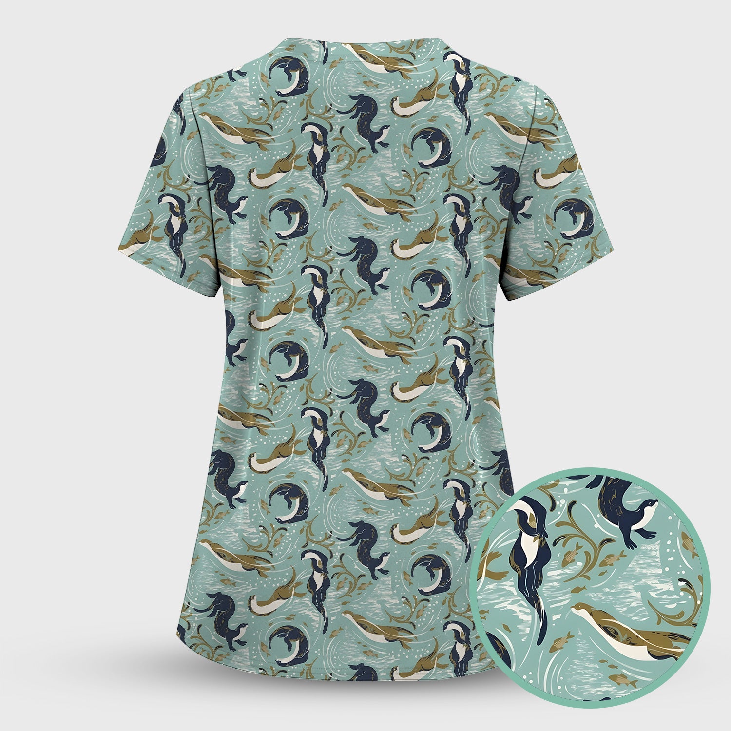 Sea Otter Ocean Wave Coastal Pattern Scrub Top, Comfortable Scrubs for Nurses
