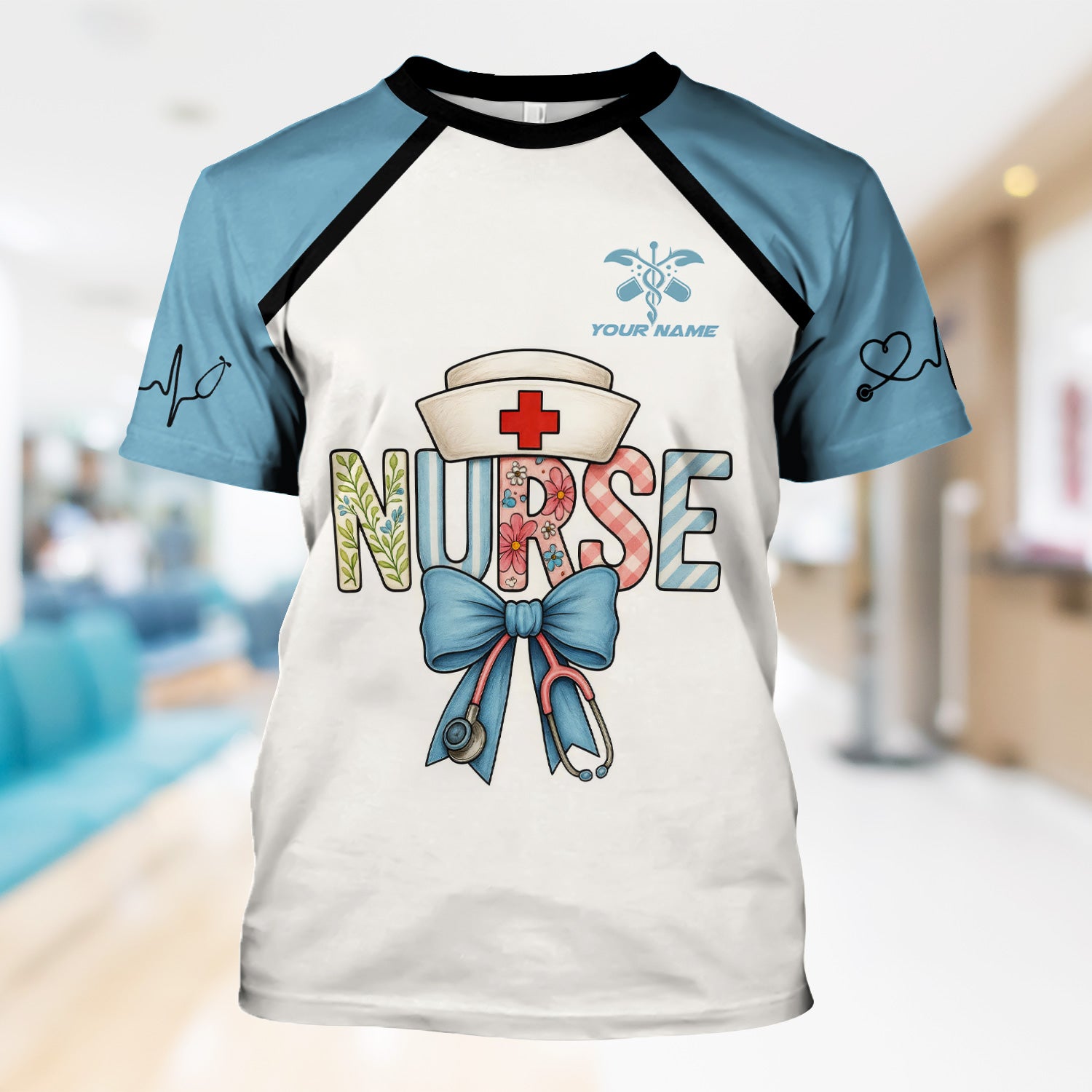 Custom Nurse Scrub Top for Women - Cute Bow Stethoscope Design & Name Personalization - Gift for RN CNA LPN Nursing Appreciation