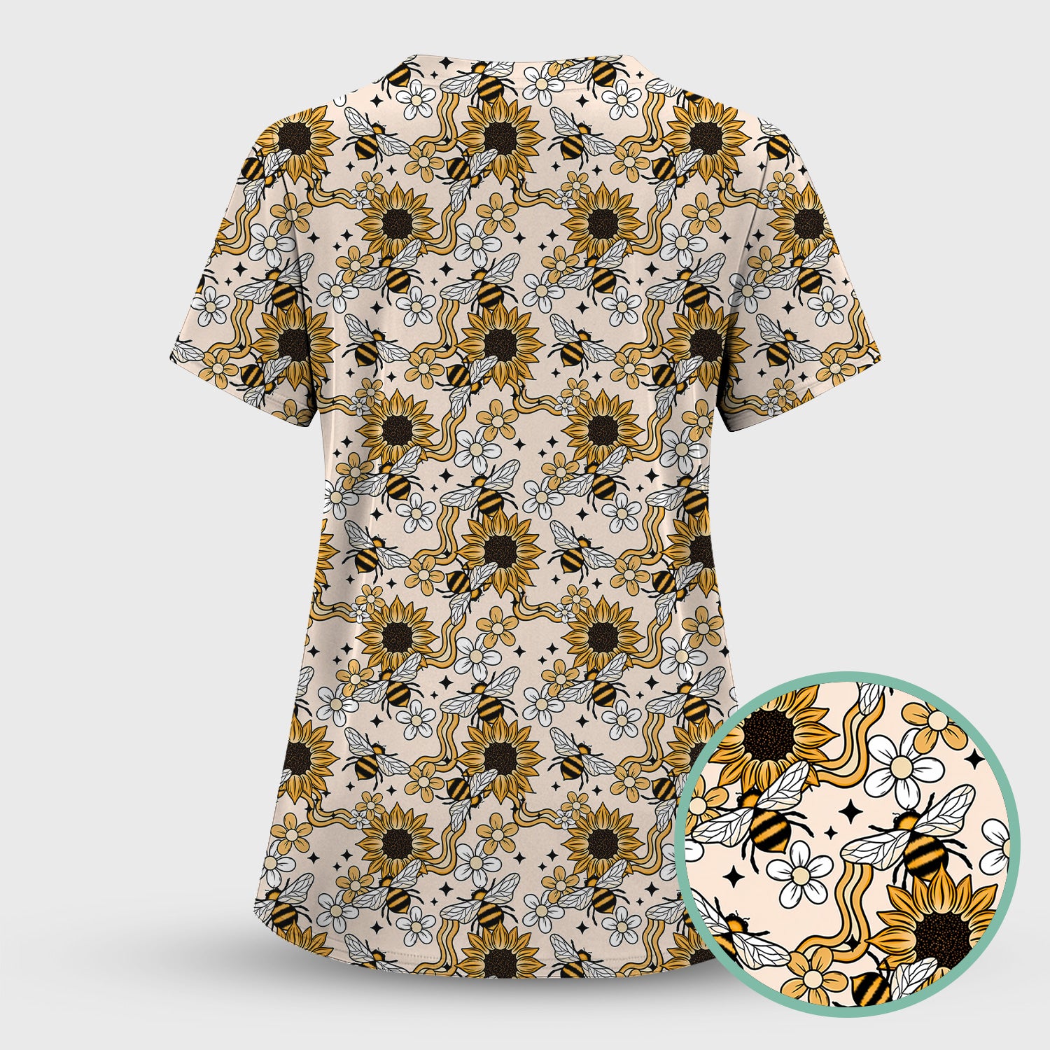 Sunflower And Honey Bee Floral Scrub Set, Scrub Pants and V Neck Top