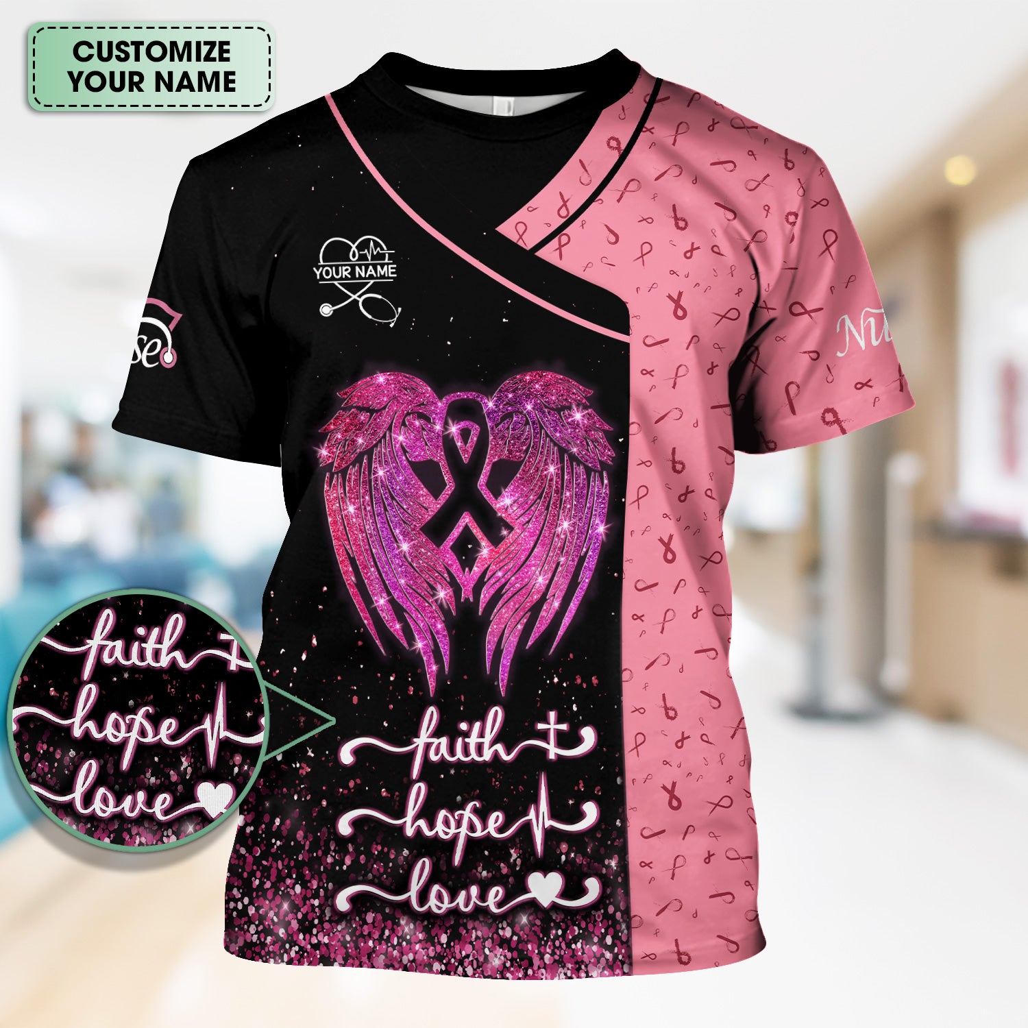 Custom Breast Cancer Warrior Shirt - Pink Glitter Angel Wings & Ribbon Graphic Tee - Gift for Nurse RN LPN CNA