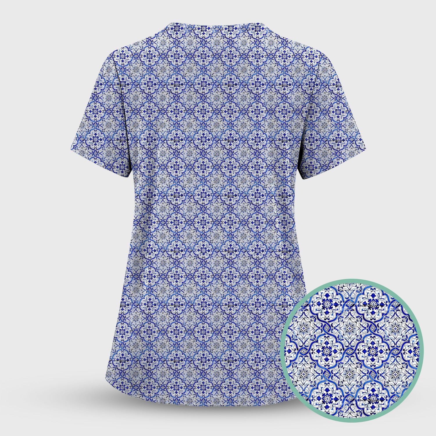 Blue Vintage Tile Floral Pattern Scrub Top, Breathable Fabrics Nursing Uniform