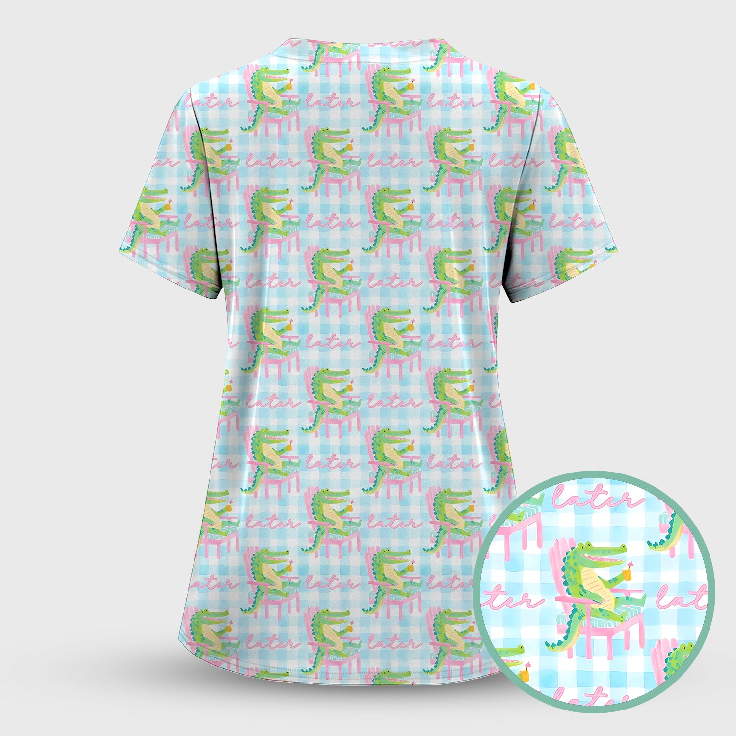 Funny Lazy Crocodile Later Pattern Scrub Set, Scrub Pants and V Neck Top
