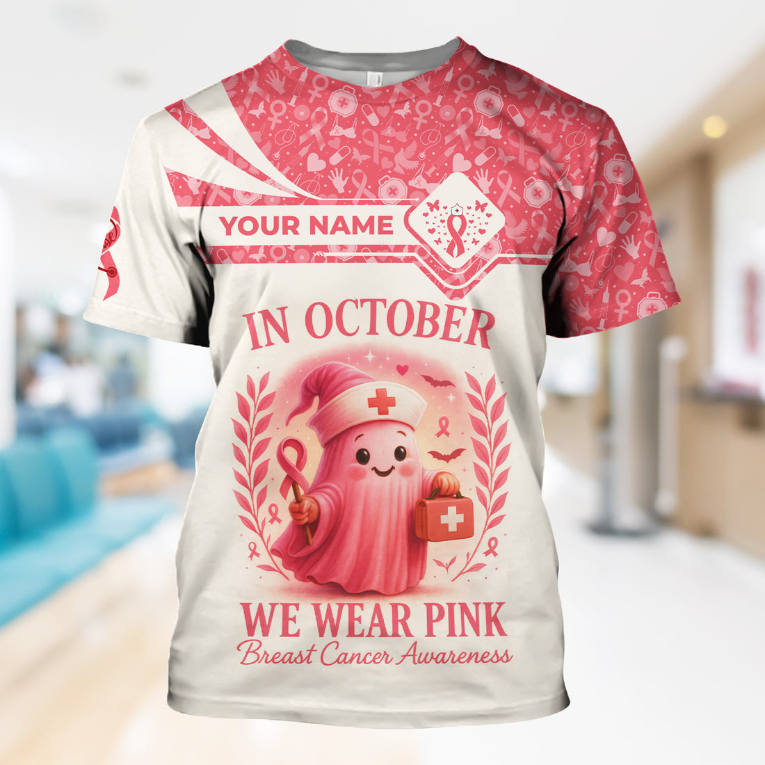 Personalized In October We Wear Pink Shirt - Breast Cancer Awareness Scrub Top - Cute Nurse Uniform Tee with Custom Name