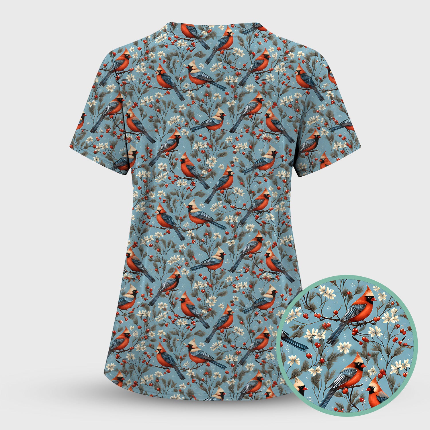 Cute Cardinal Berry Blossom Pattern Scrub Top, Comfortable Scrubs for Nurses