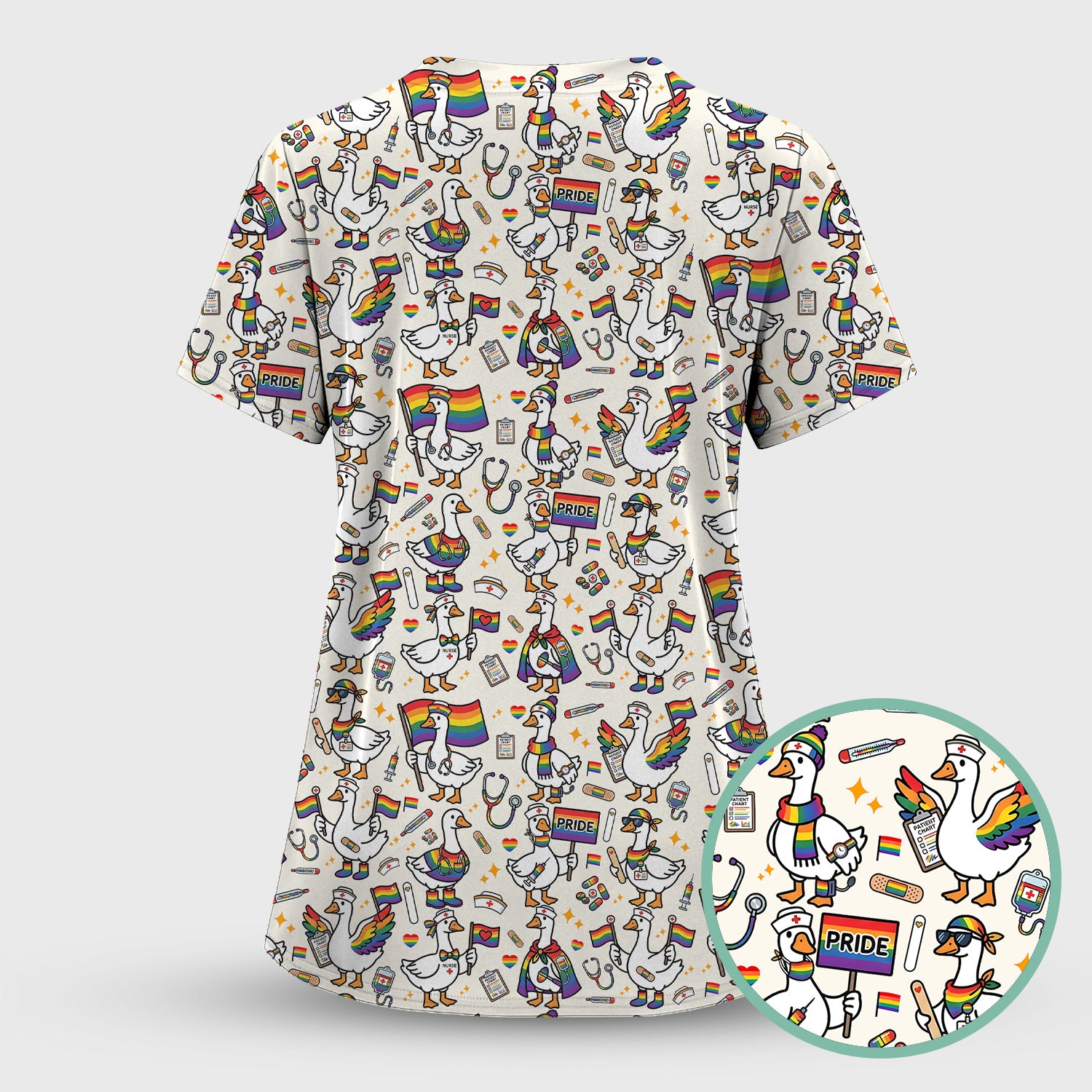 LGBT Pride Nurse Duck Pattern Scrub Top, Breathable Fabrics Nursing Uniform