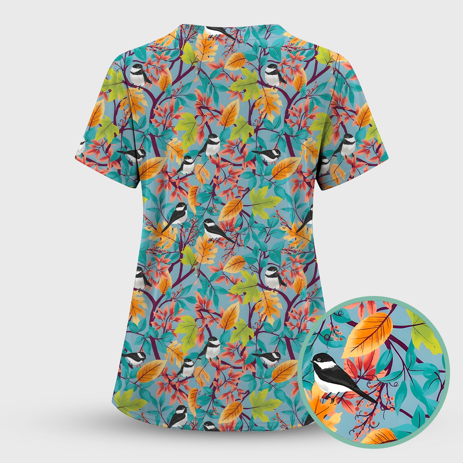 Autumn Leaf Chickadee Bird Pattern Scrub Top, Breathable Fabrics Nursing Uniform