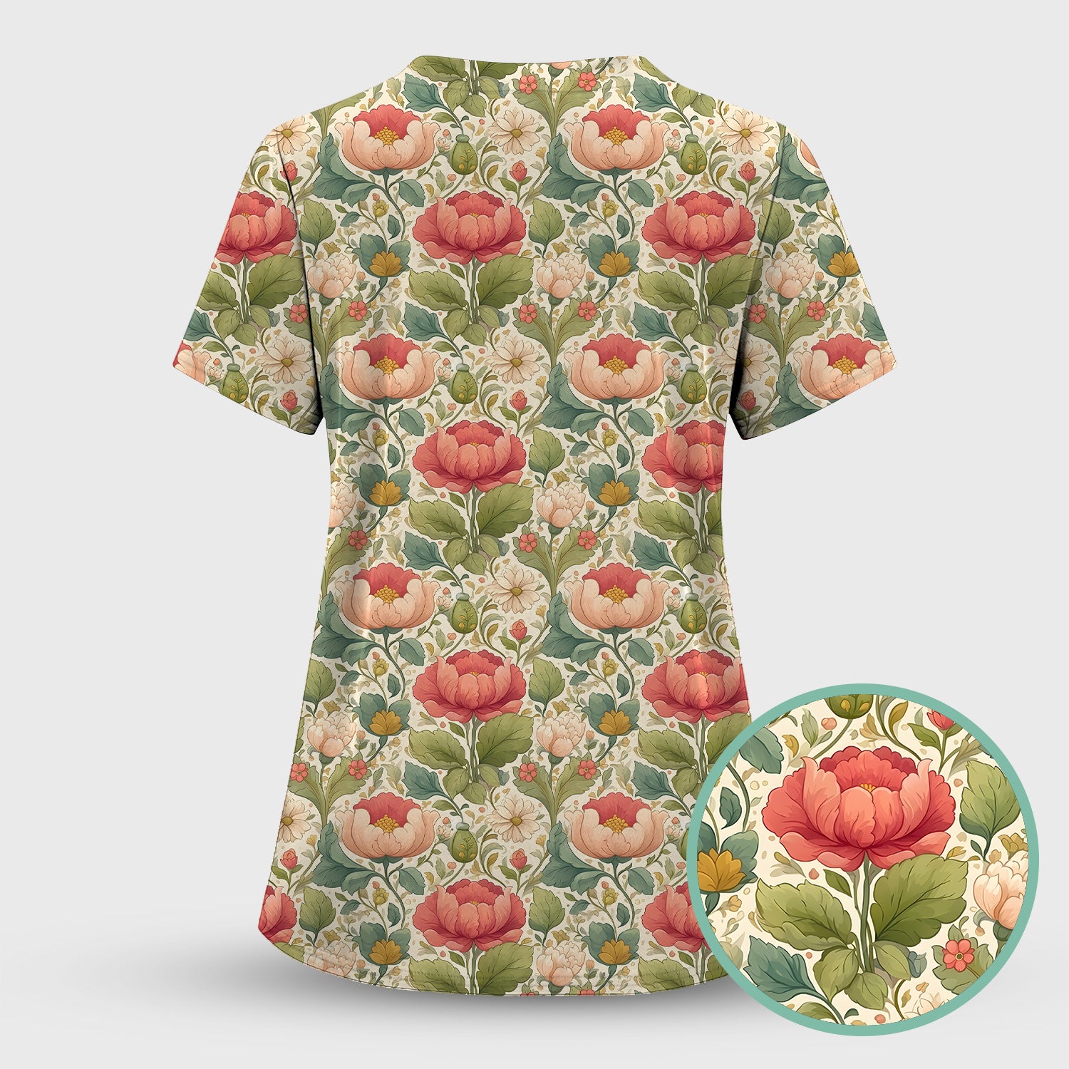 Vintage Botanical Peony Floral Pattern Scrub Top, Breathable Fabrics Nursing Uniform