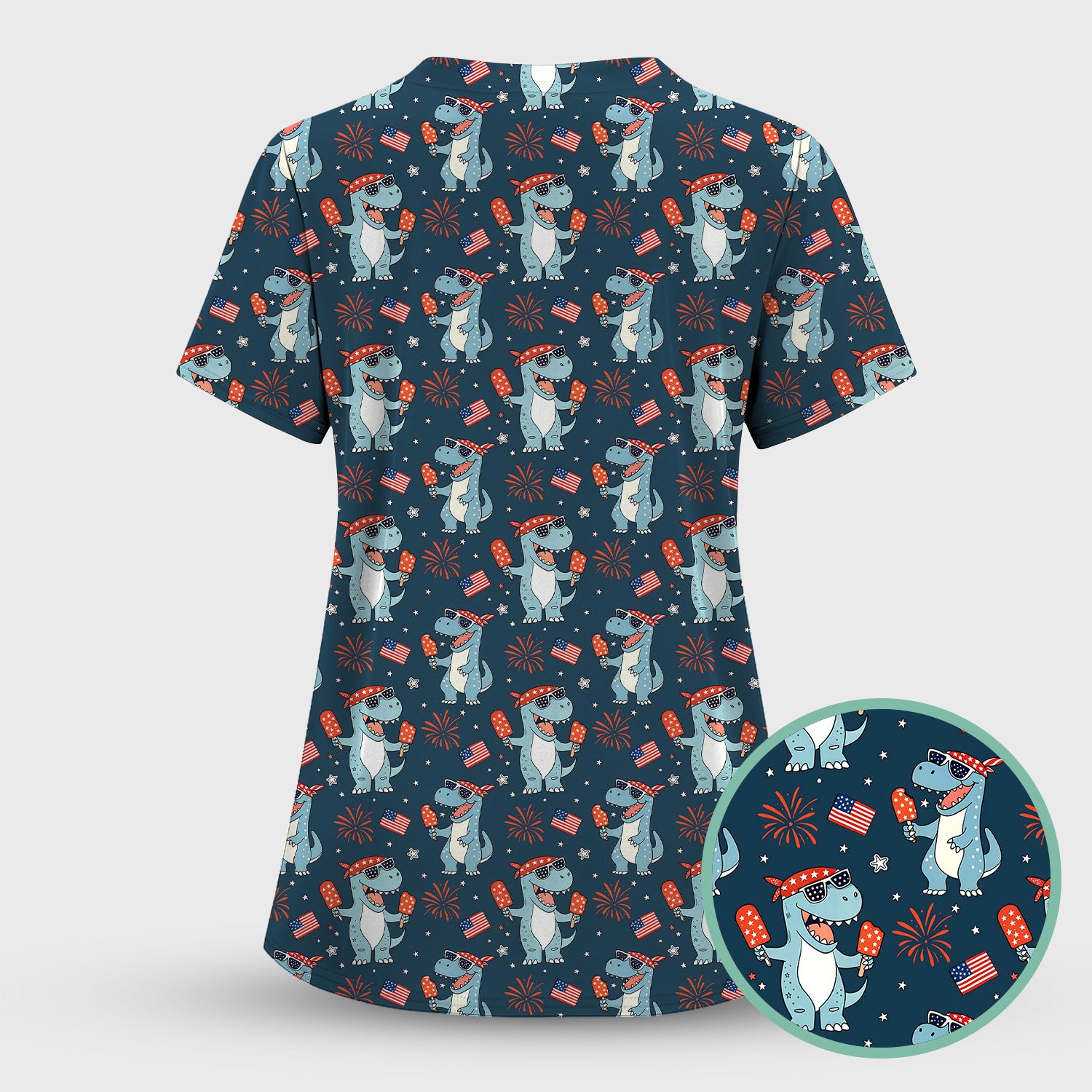 Dinosaur With Flag American Pattern Scrub Set, Scrub Pants and V Neck Top