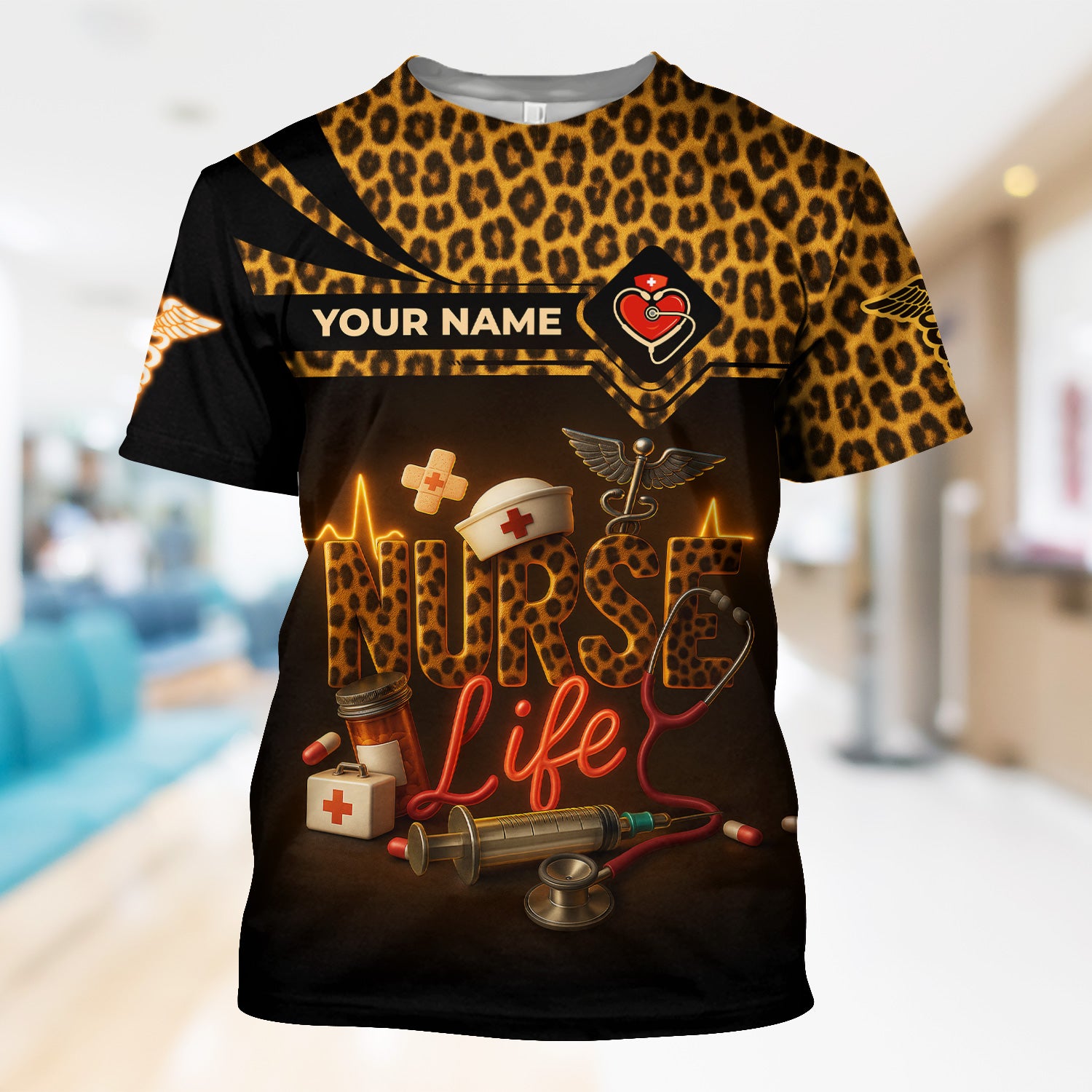 Personalized Nurse Scrub Top for Women - Cheetah Pattern with Stethoscope & Syringe Design - Custom Name Gift for RN, CNA, LPN