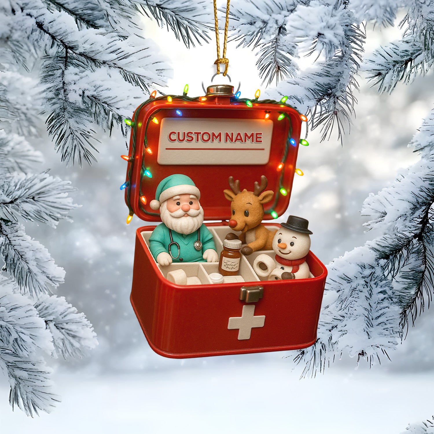 Personalized First Aid Christmas Tree Ornament – Custom Name Medical Santa & Reindeer Holiday Box Decor – Cute Nurse Doctor Ornament for Healthcare Workers