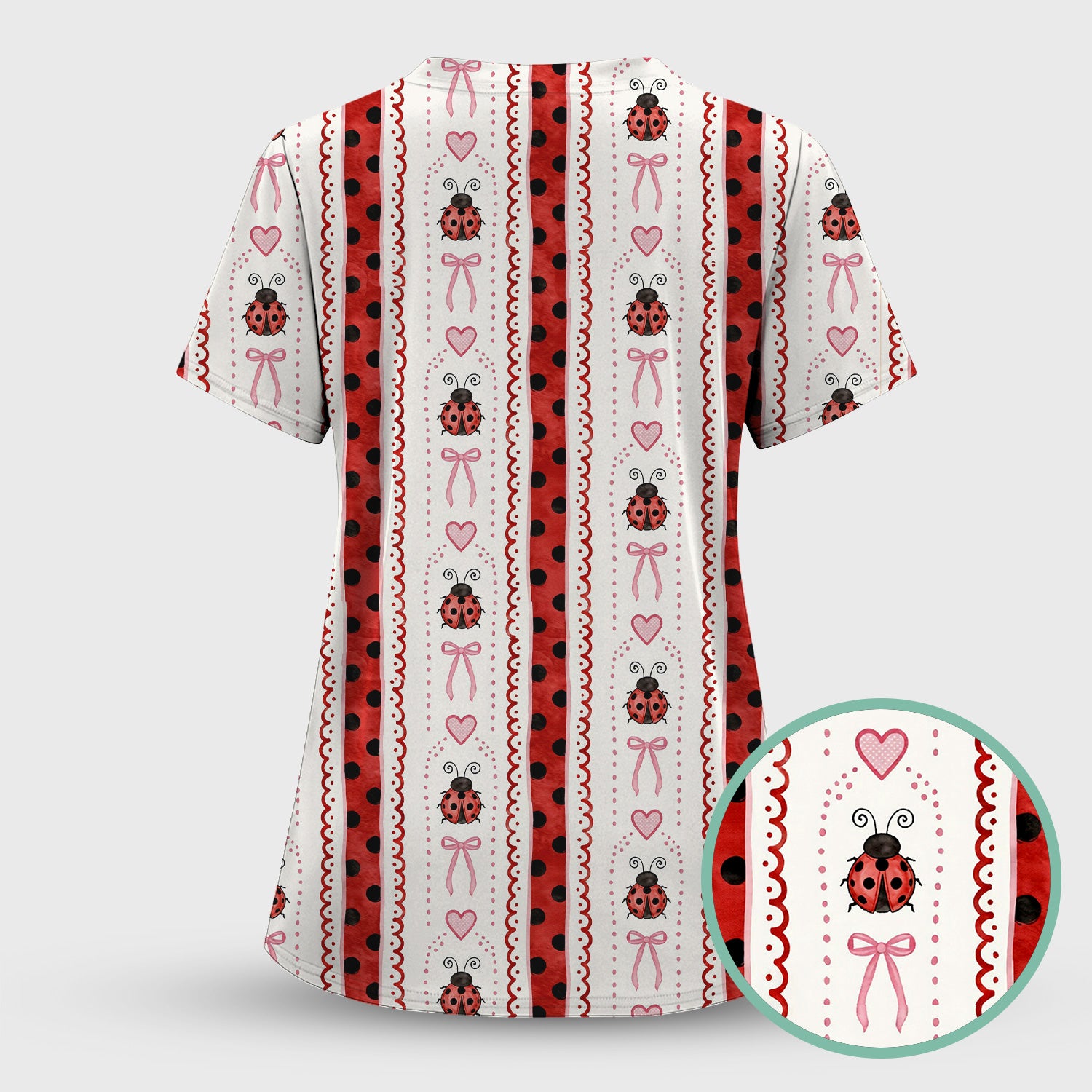 Cute Ladybug Heart Bow Stripe Pattern Scrub Top, Red Polka Dot Nurse Uniform