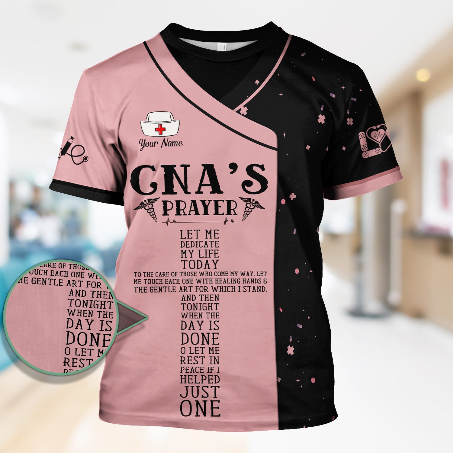 Personalized Nursing Faith Scrub for Women - CNA's Prayer & Caduceus Symbol Design - Gift for RN LPN Healthcare Workers