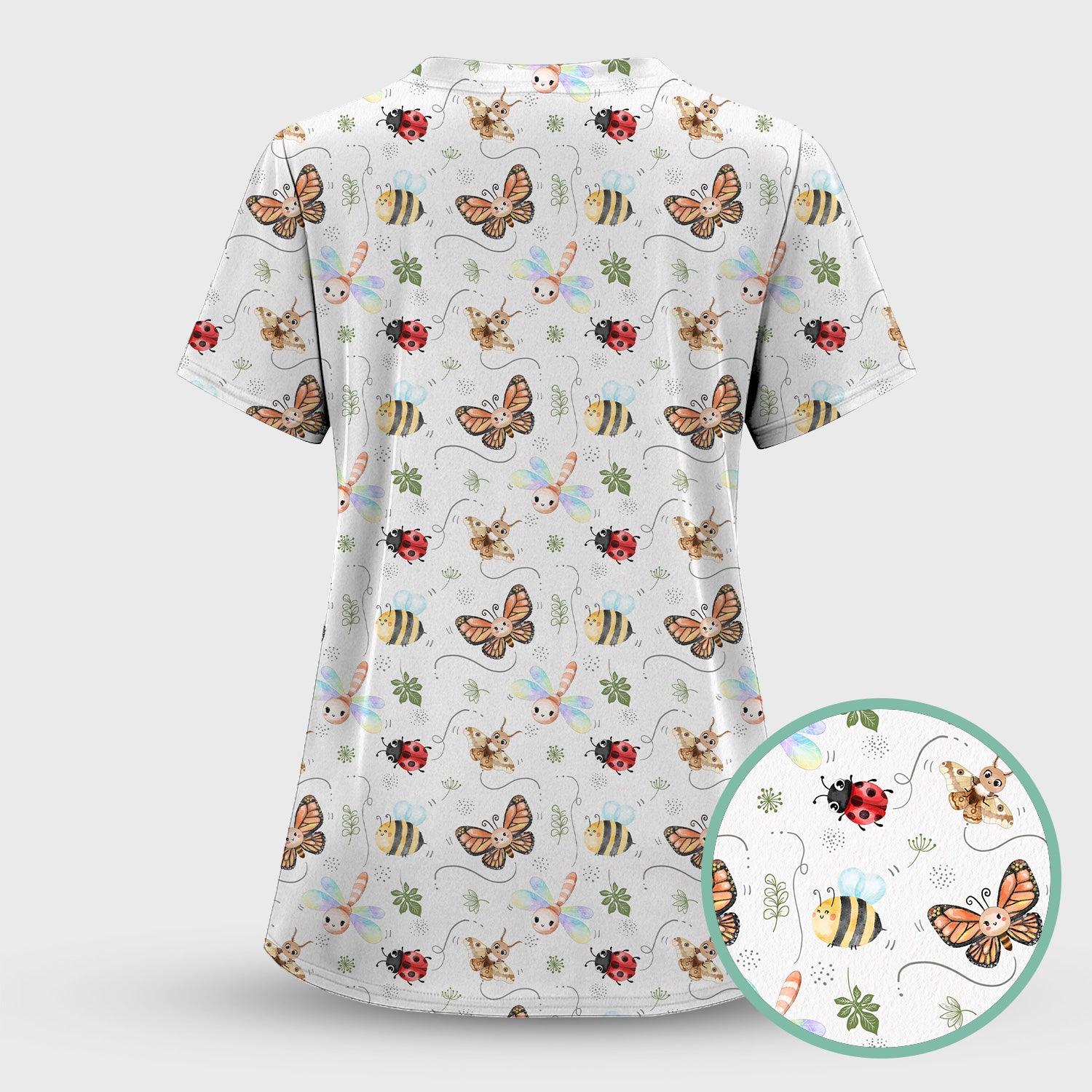 Colorful Garden Insect Pattern Scrub Set, Scrub Pants and V Neck Top