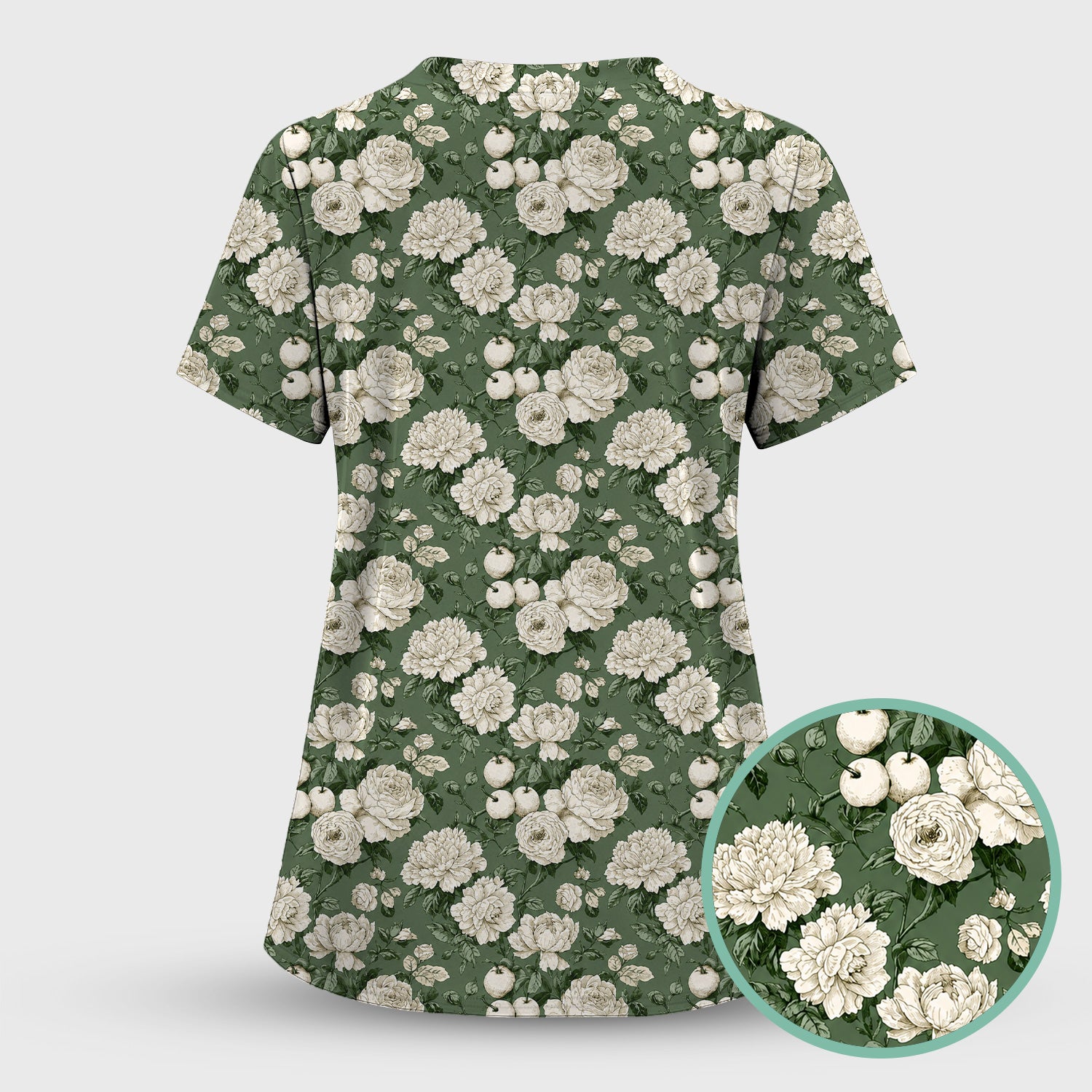 Elegant White Rose Garden Pattern Scrub Set, Scrub Pants and V Neck Top