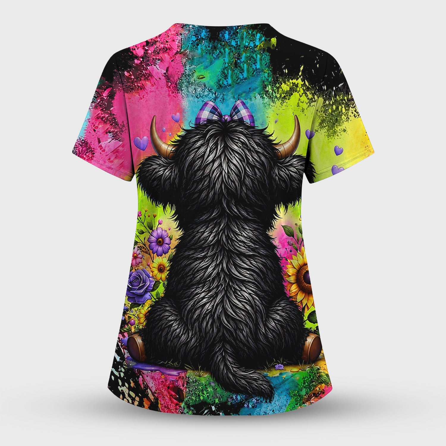 Baby Highland Cow Floral Print Scrub Top, Comfortable Scrubs for Nurses