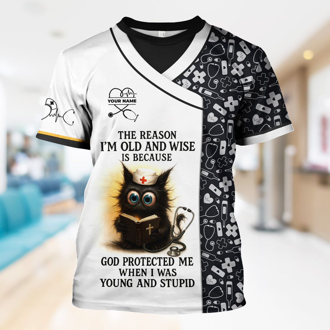 Personalized Nurse Shirt - Adorable Cat Design with Bible and Your Name - Gift for RN CNA LPN  Healthcare Worker