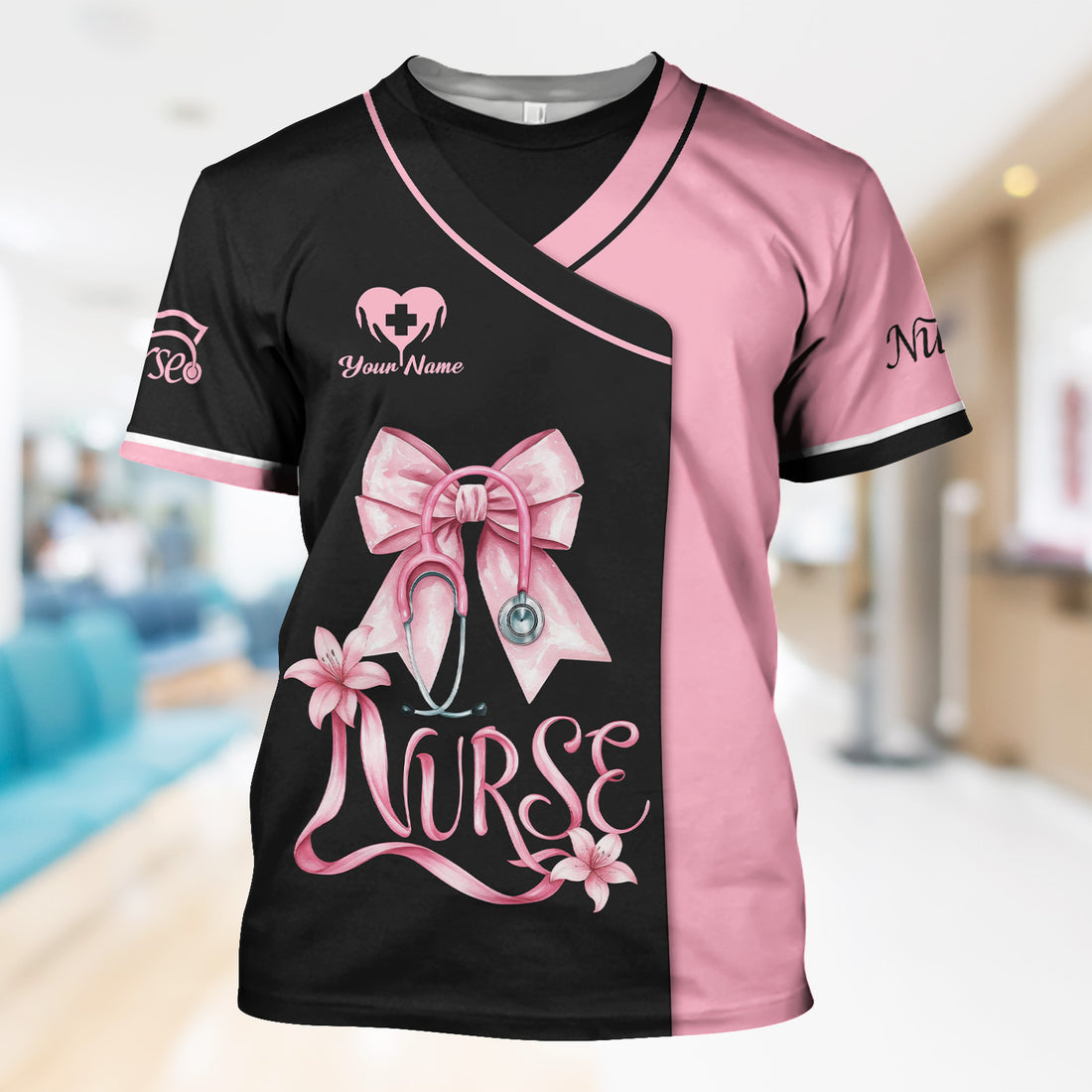 Personalized Pink Nurse Shirt with Name - Cute Bow & Stethoscope Graphic Design - Medical Gift for RN, LPN, CNA
