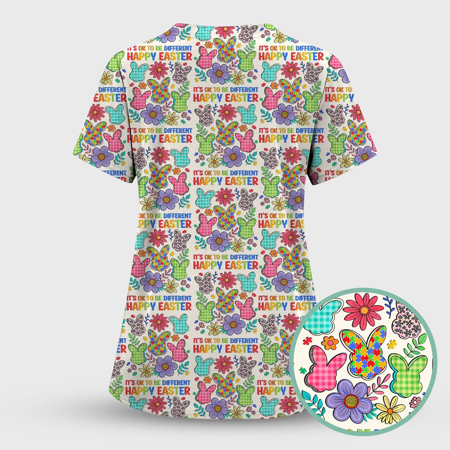 Happy Easter Bunny Floral Print Scrub Top, Breathable Fabrics Nursing Uniform