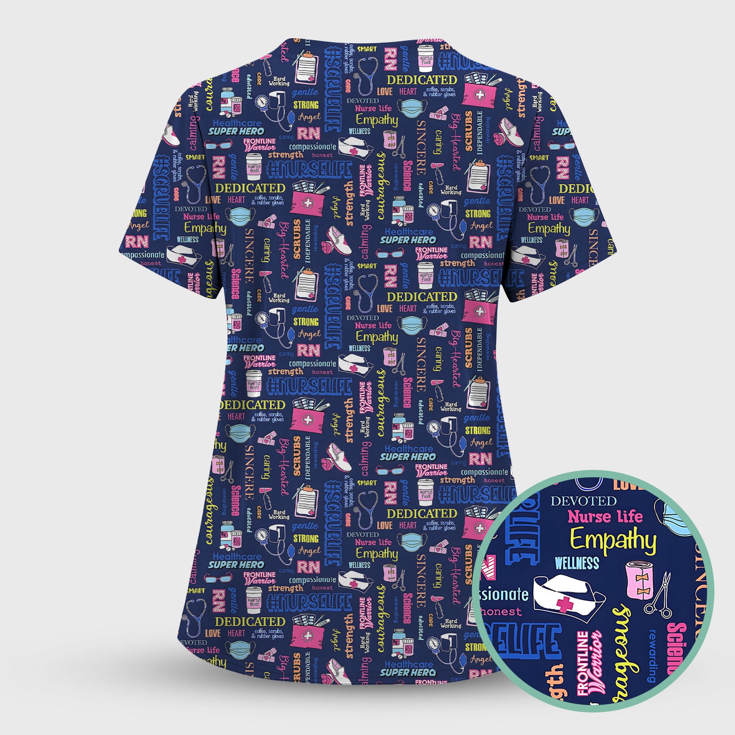 Colorful Nurse Life Typography Print Scrub Top, Breathable Fabrics Nursing Uniform