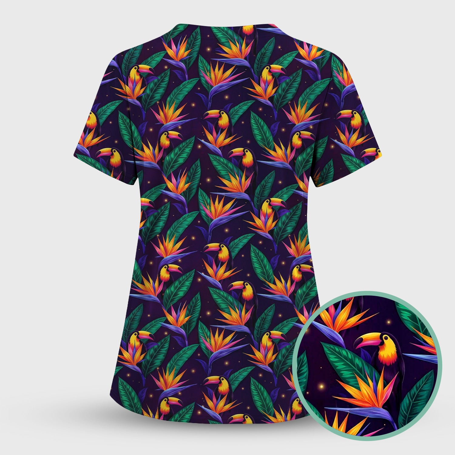 Tropical Toucan Bird Paradise Leaves Pattern Scrub Set, Scrub Pants and V Neck Top